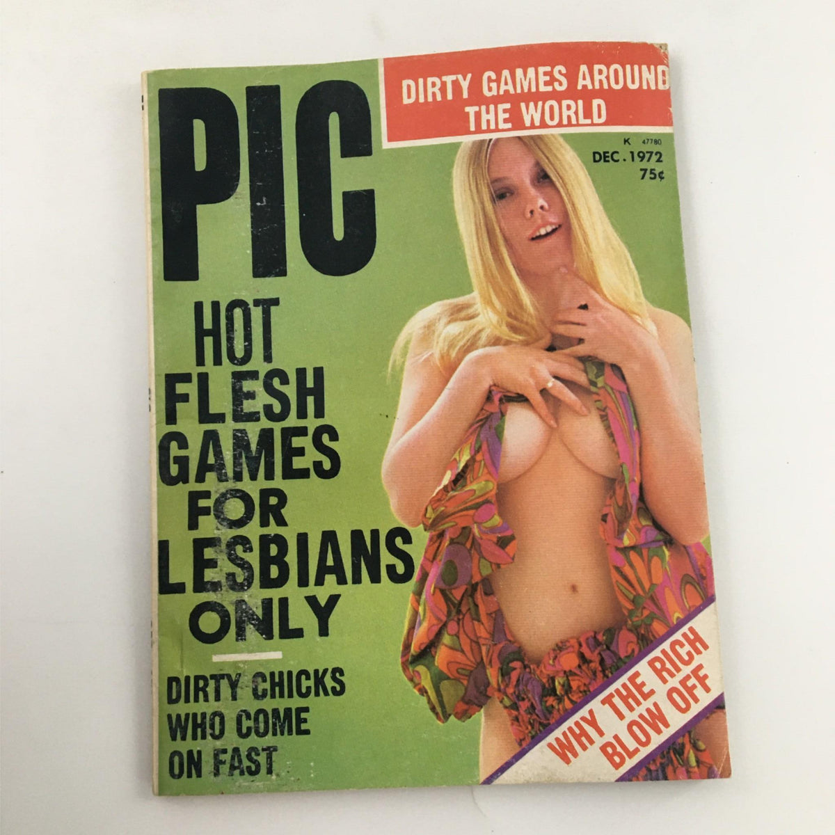 Cover of PIC Magazine December 1972 titled 'Hot Flesh Games For Lesbians Only', featuring a woman in a colorful outfit, emphasizing adult themes and content.