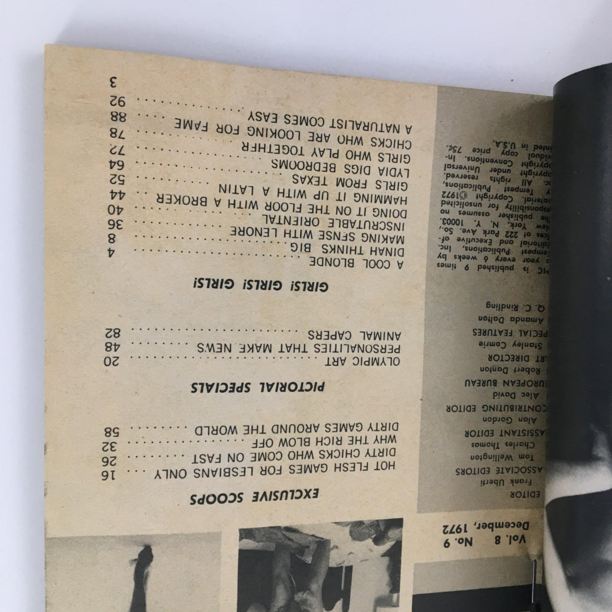 Table of contents page from PIC Magazine December 1972, highlighting articles including 'Hot Flesh Games For Lesbians Only' among other features.
