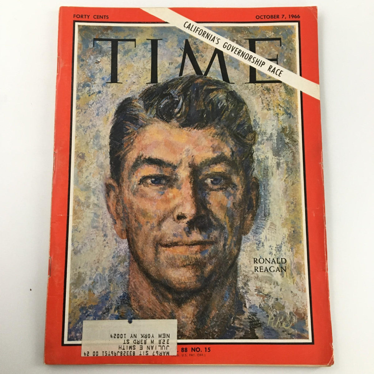 Cover of VTG Time Magazine from October 7, 1966, featuring Ronald Reagan in the California Governorship Race. The magazine highlights Reagan's early political journey and the cultural landscape of the 1960s.