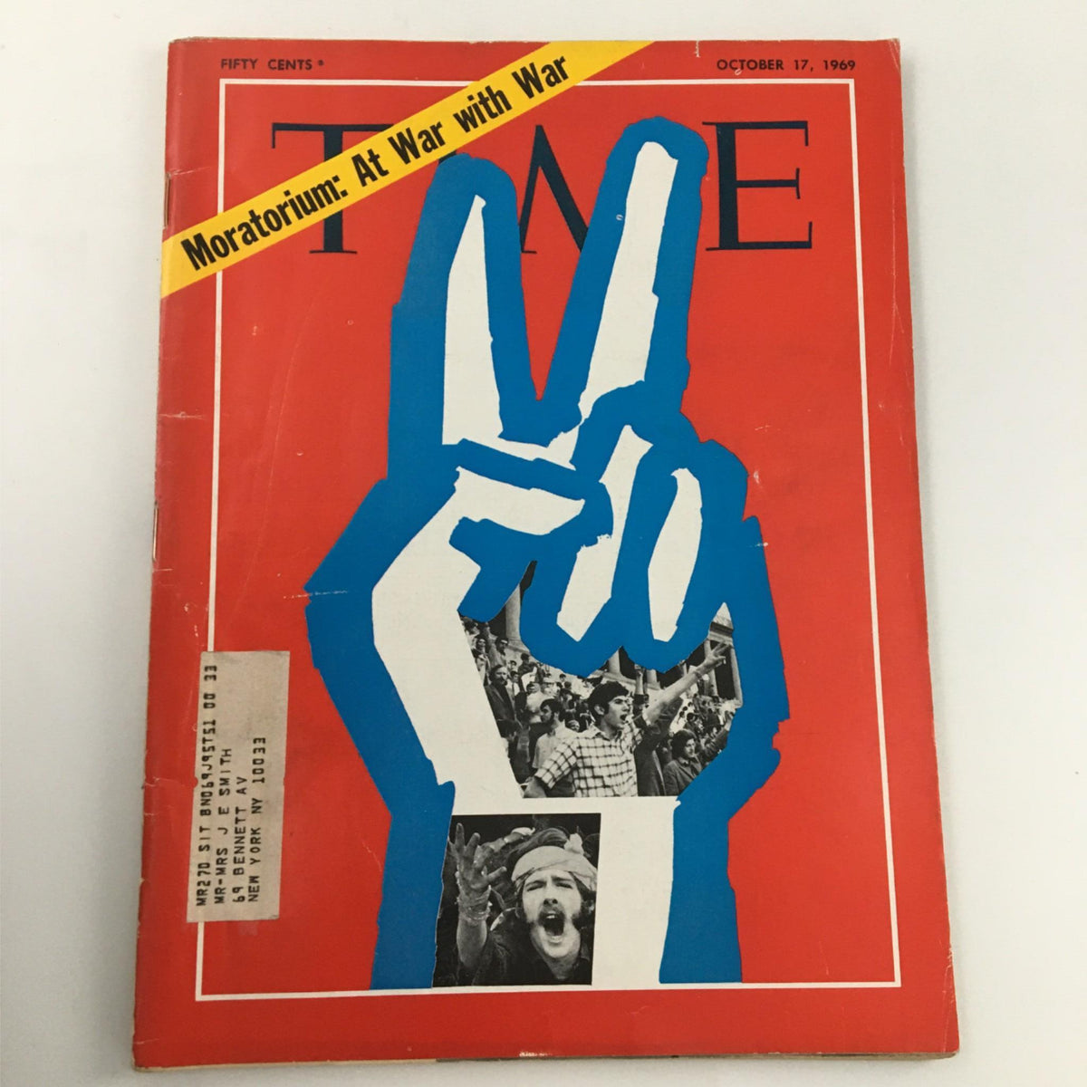 Cover of the Time Magazine October 17, 1969 edition titled 'Moratorium: At War with War', featuring a prominent peace symbol and images of anti-war protests.