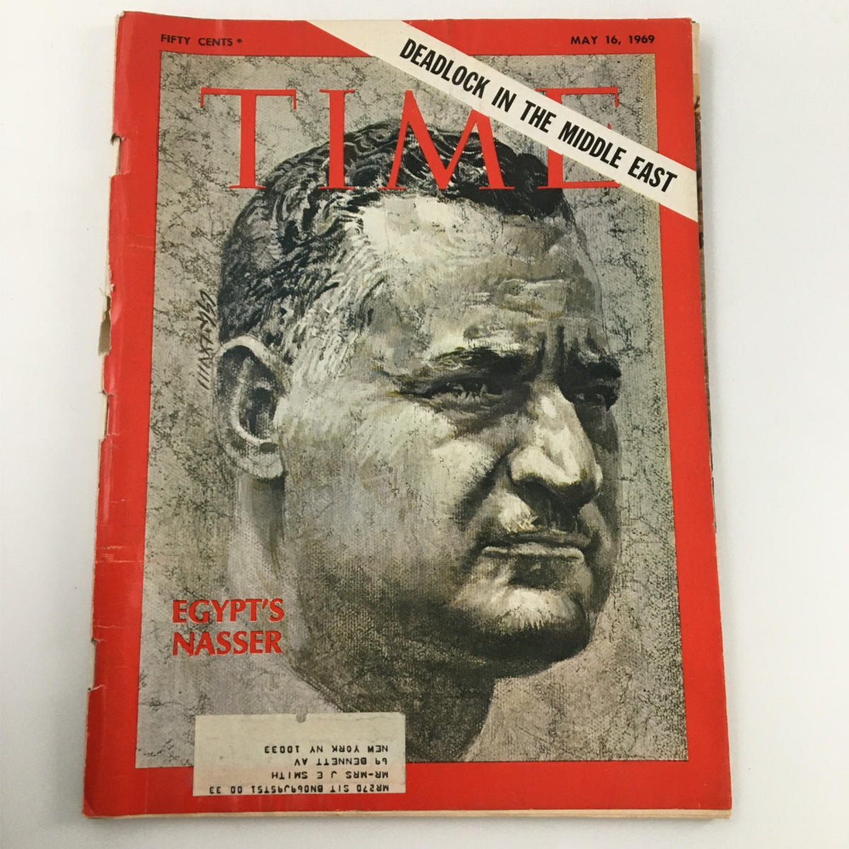 Vintage Time Magazine cover from May 16, 1969, featuring Egypt's Nasser with the headline 'Deadlock in the Middle East.' This collectible issue provides insight into the geopolitical climate of the late 1960s.