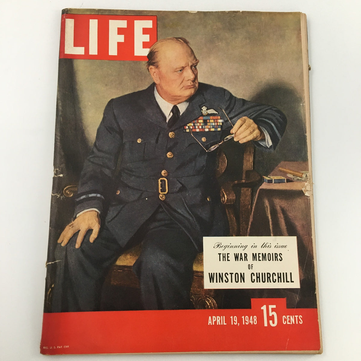 Cover of VTG Life Magazine April 19 1948 featuring The War Memoirs of Winston Churchill, showcasing a portrait of Churchill in military attire.