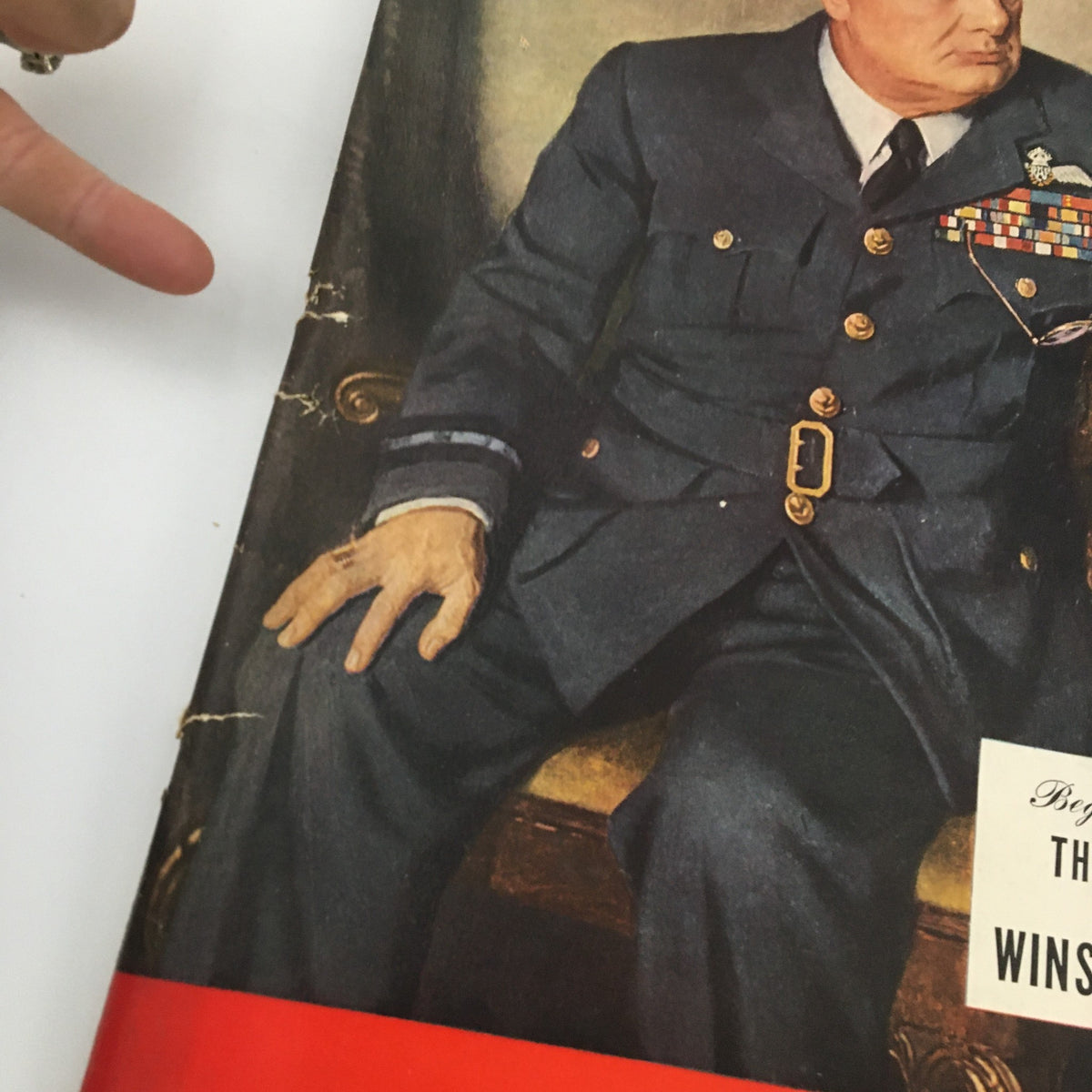 Detailed view of the cover of VTG Life Magazine April 19 1948 highlighting The War Memoirs of Winston Churchill, focusing on Churchill's hands and uniform.