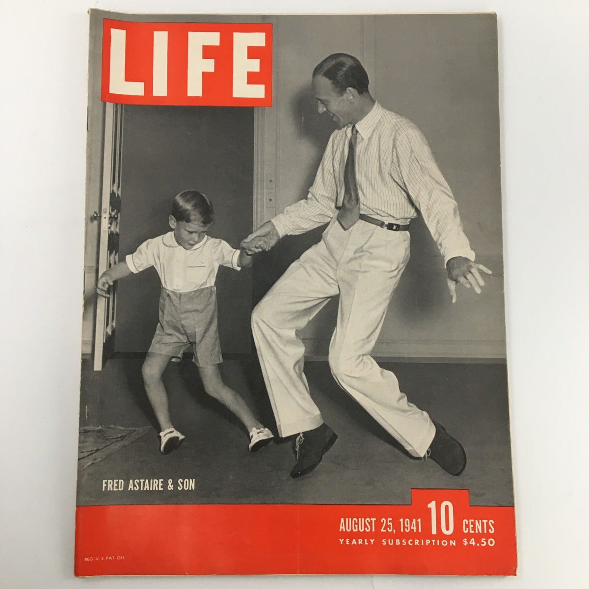 Cover of VTG Life Magazine from August 25, 1941 featuring Fred Astaire and his son, showcasing a nostalgic moment in history with images of Hollywood's charm.