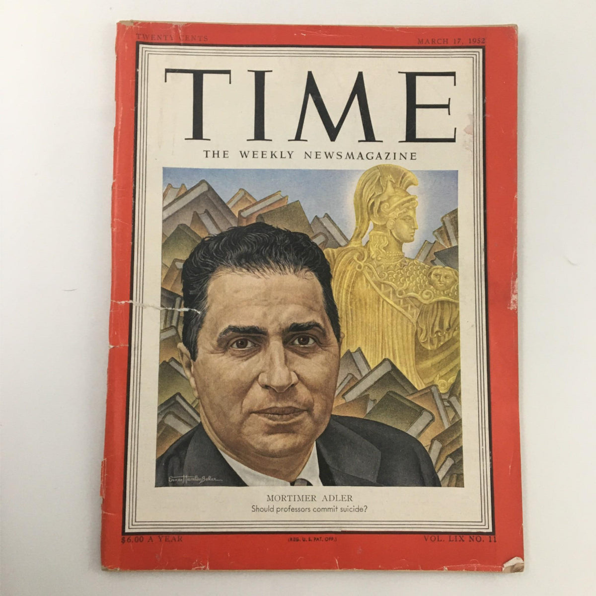 Vintage Time magazine cover from March 17, 1952 featuring Mortimer Adler, with his portrait and the headline 'Should professors commit suicide?' highlighting the cultural debates of the era.