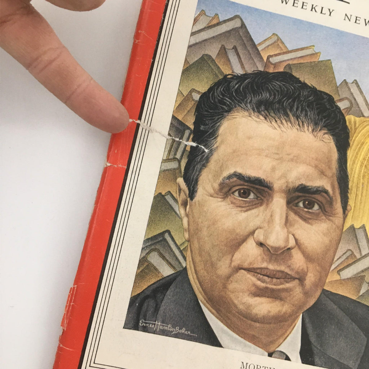 Close-up view of the March 17, 1952 Vintage Time magazine cover featuring Mortimer Adler, showing detail of the artwork and minor wear consistent with age.