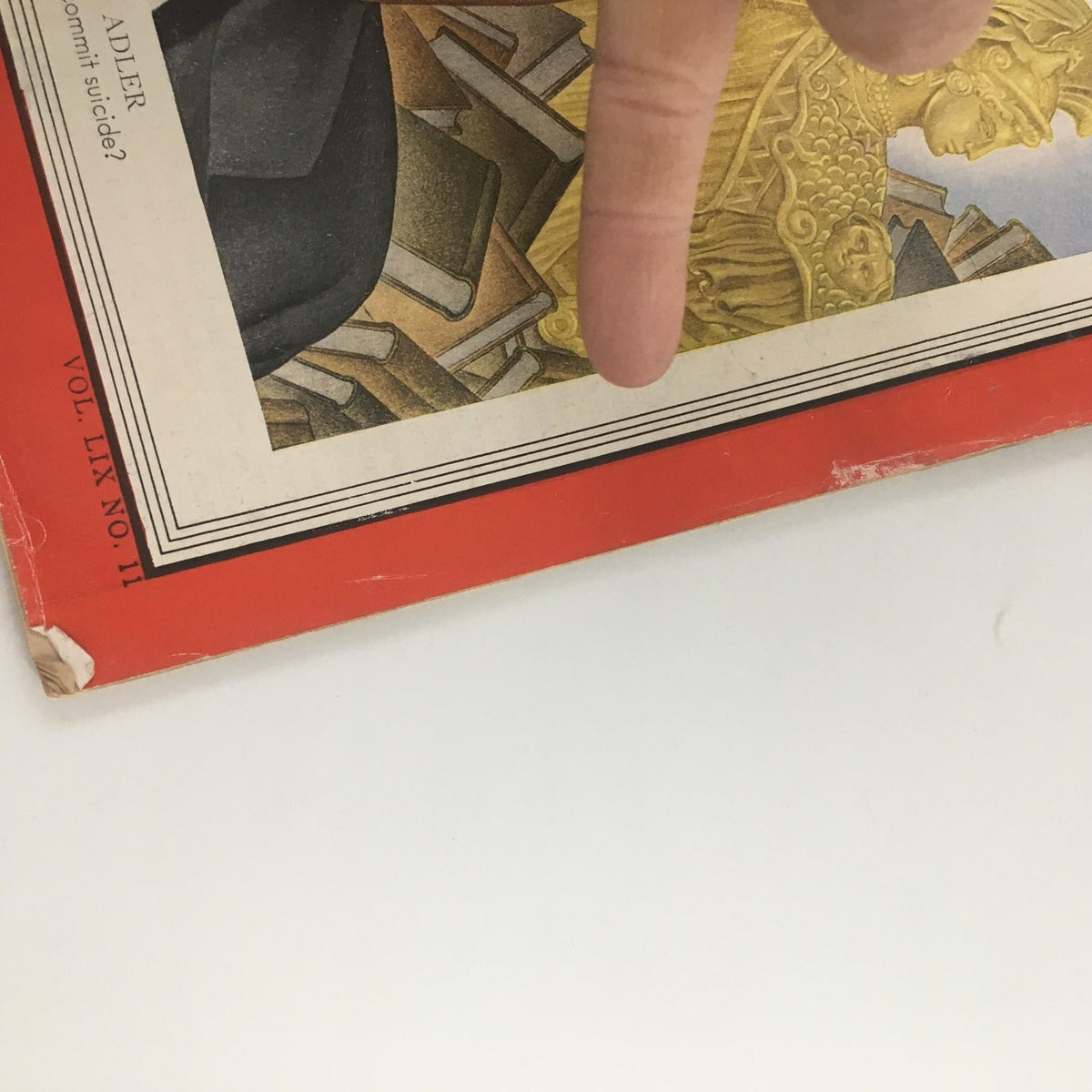 Detail of the bottom portion of the Vintage Time magazine cover from March 17, 1952 featuring Mortimer Adler, displaying the publication volume and condition notes.