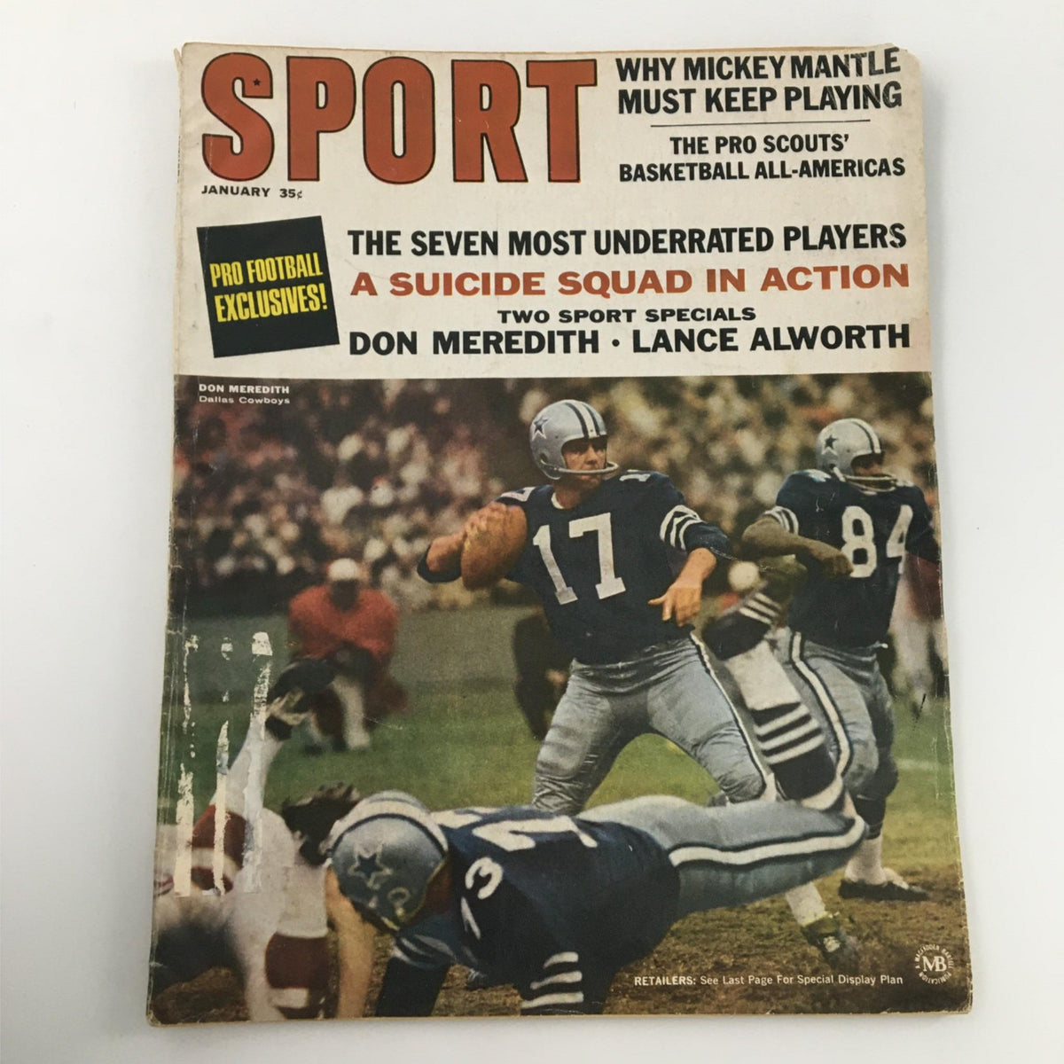 Sport Magazine January 1967 cover featuring NFL stars Don Meredith and Lance Alworth, showcasing a vintage football scene.