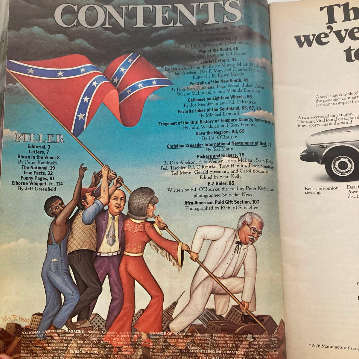 Contents page from the Vintage National Lampoon Magazine July 1976, featuring a colorful illustration of diverse individuals holding a Confederate flag, highlighting various articles and features in this collectible edition.