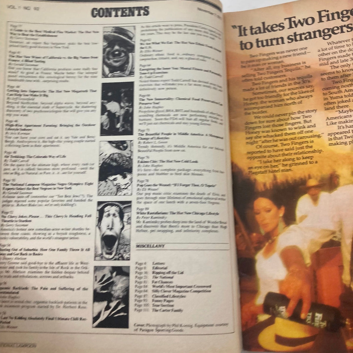 Inside contents page of the Vtg National Lampoon Magazine November 1977, showcasing various articles including humorous topics and illustrations.