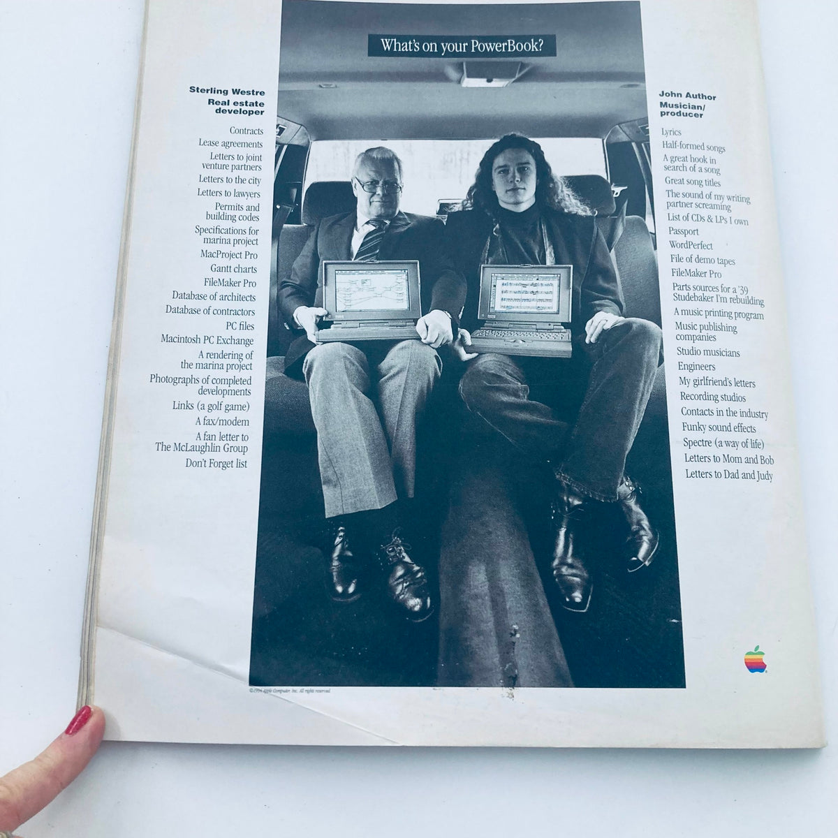 Back page of Rolling Stone Magazine April 21 1994 #680 displaying a black and white image of two individuals with PowerBook laptops, part of an article on technology in the music industry.