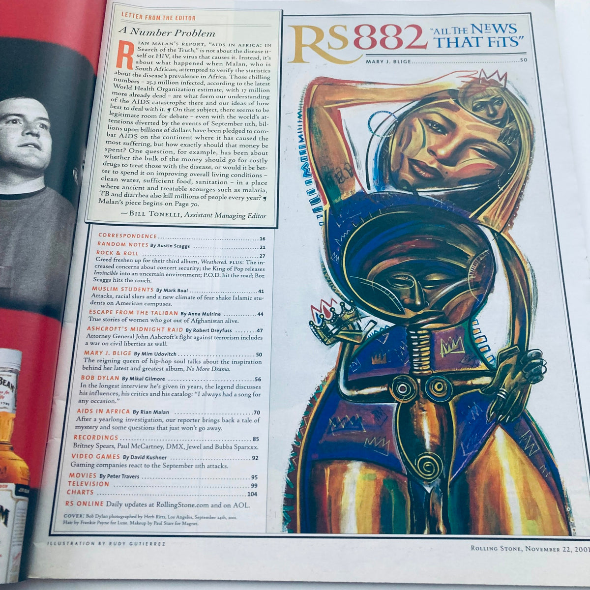 Inside page of Rolling Stone Magazine November 22, 2001 Issue 882, showcasing the editorial section with artistic illustration and layout, part of the feature on music culture.