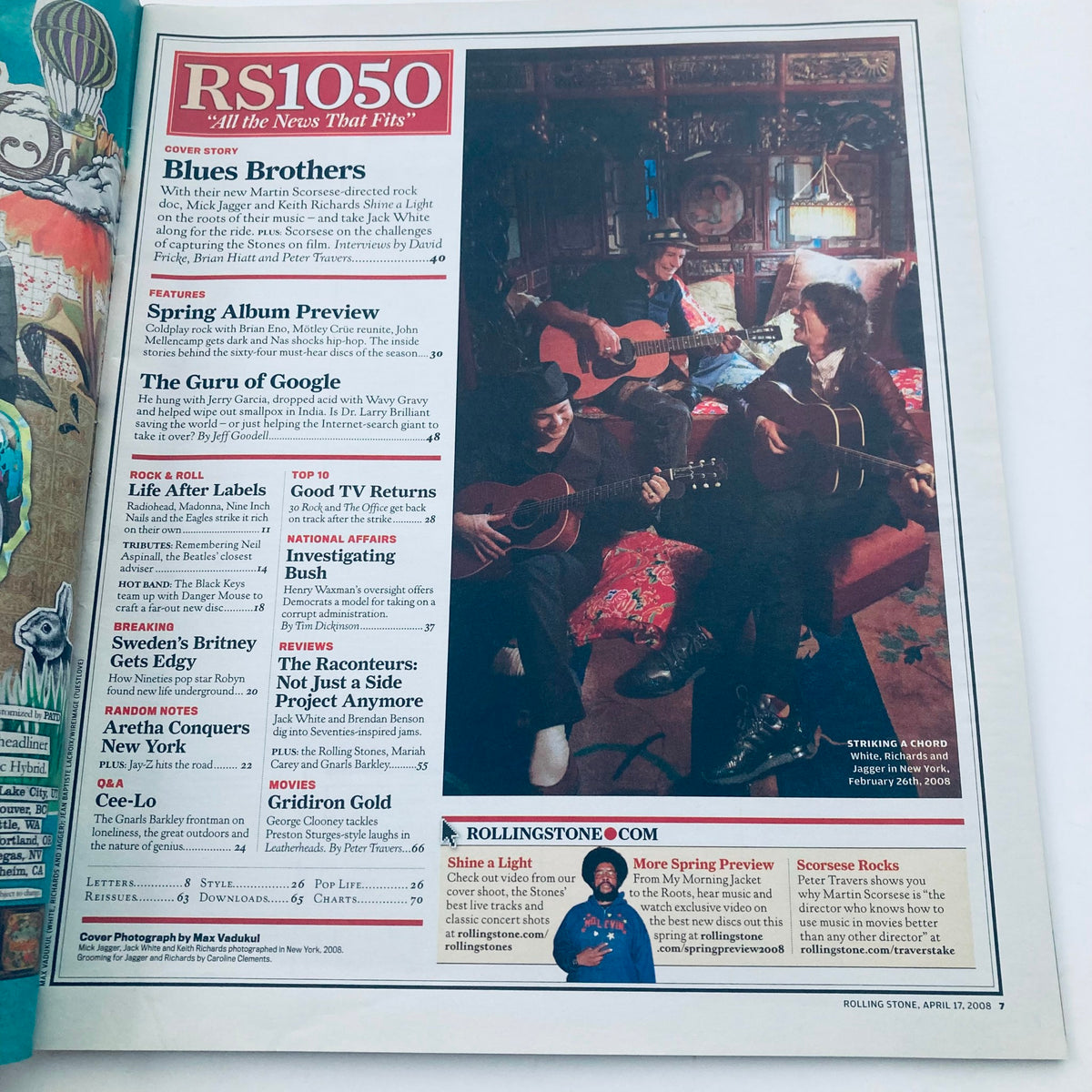 Inside page of Rolling Stone Magazine April 17 2008 Issue 1050, featuring articles including Spring Album Preview and updates on notable artists, highlighting the music culture of 2008.