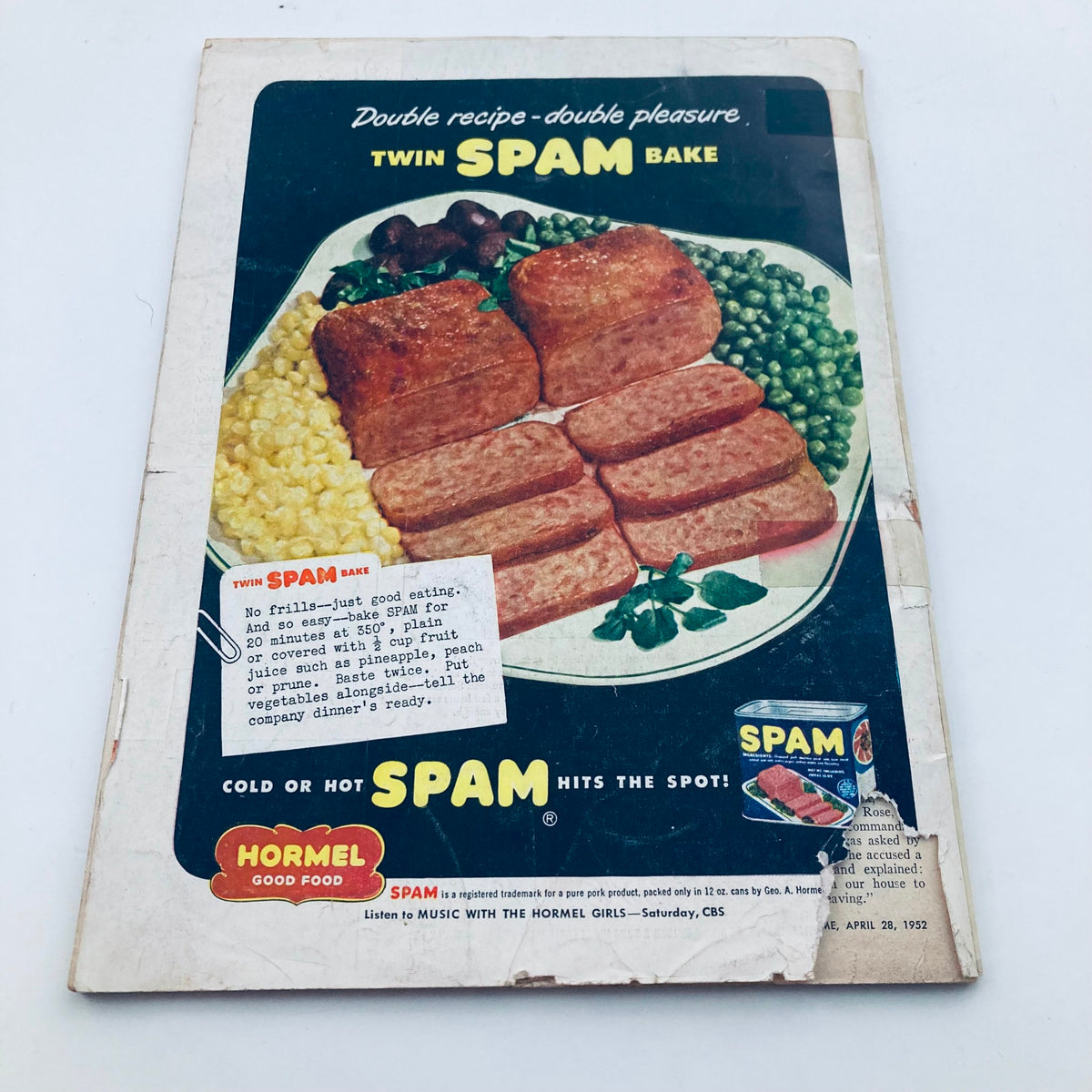 Vintage advertisement featuring a Twin Spam Bake recipe from the VTG Time Magazine April 28 1952, showcasing served Spam with vegetables.