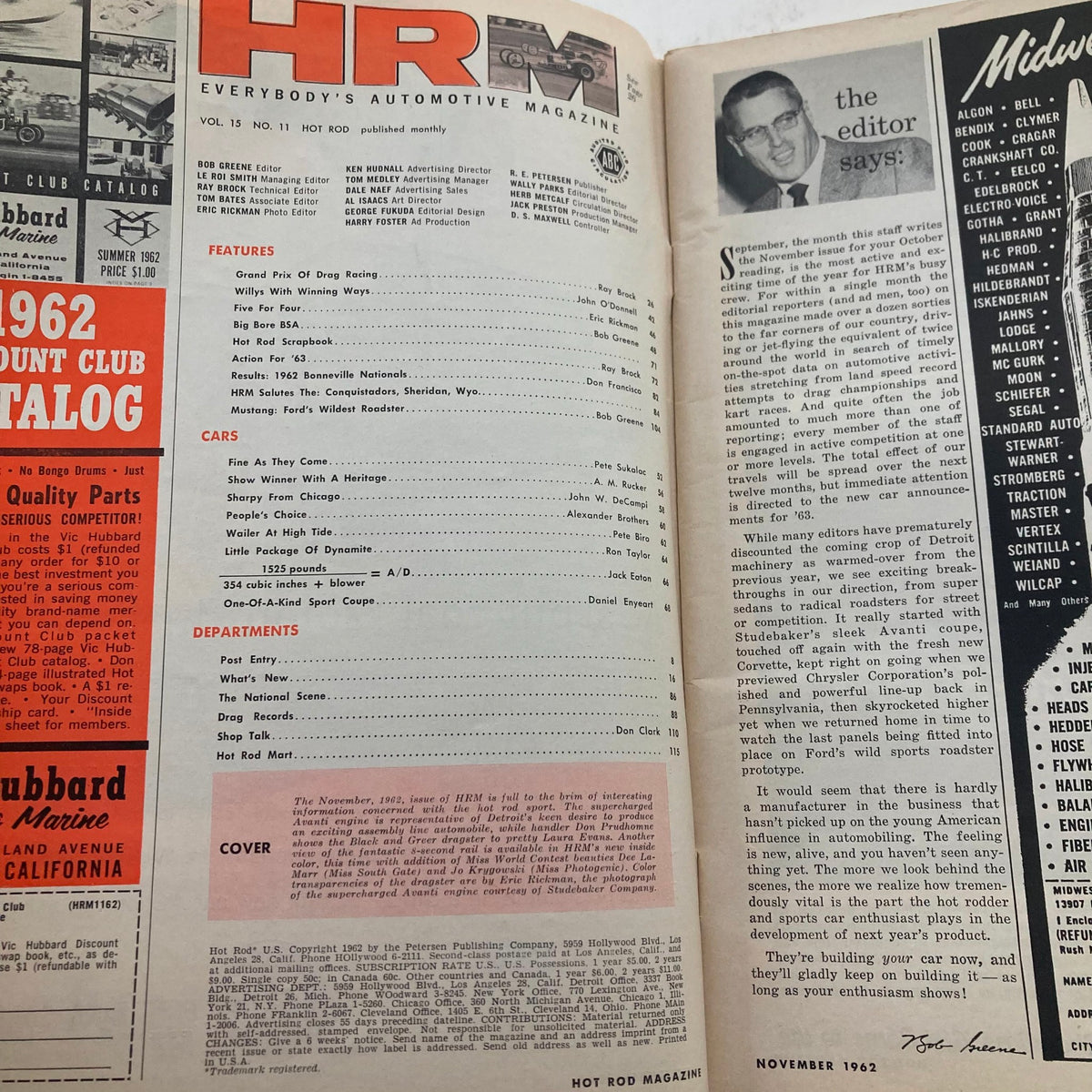 Interior page of VTG Hot Rod Magazine November 1962 showcasing features, car reviews, and editorial content from the era, reflecting the vintage automotive culture.