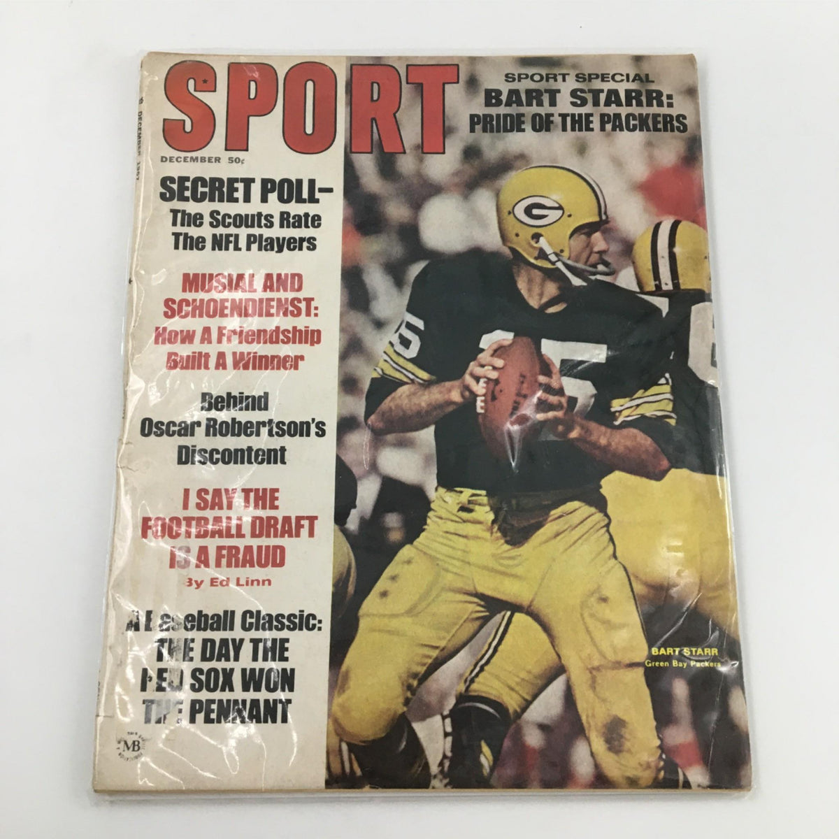 Another view of the cover of Sport Magazine December 1967 showcasing Bart Starr, with articles on NFL and baseball notable events.