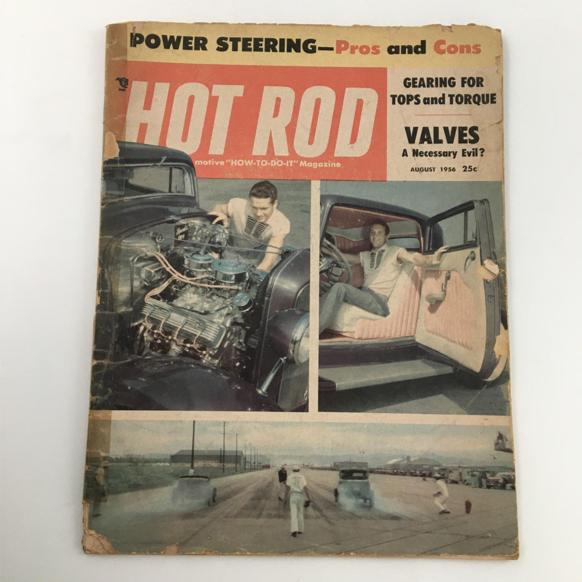 Cover of Hot Rod Magazine August 1956 featuring the title 'Power Steering - Pros and Cons'. The magazine showcases automotive culture with images of cars and mechanics, illustrating the evolution of power steering technology.