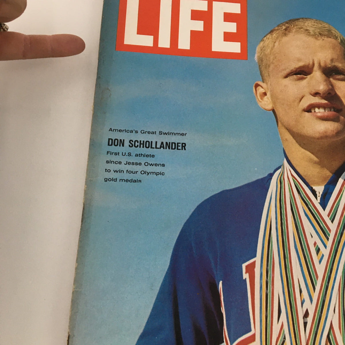 Close-up of VTG Life Magazine October 30 1964 showcasing Don Schollander on the cover with Olympic achievements highlighted.