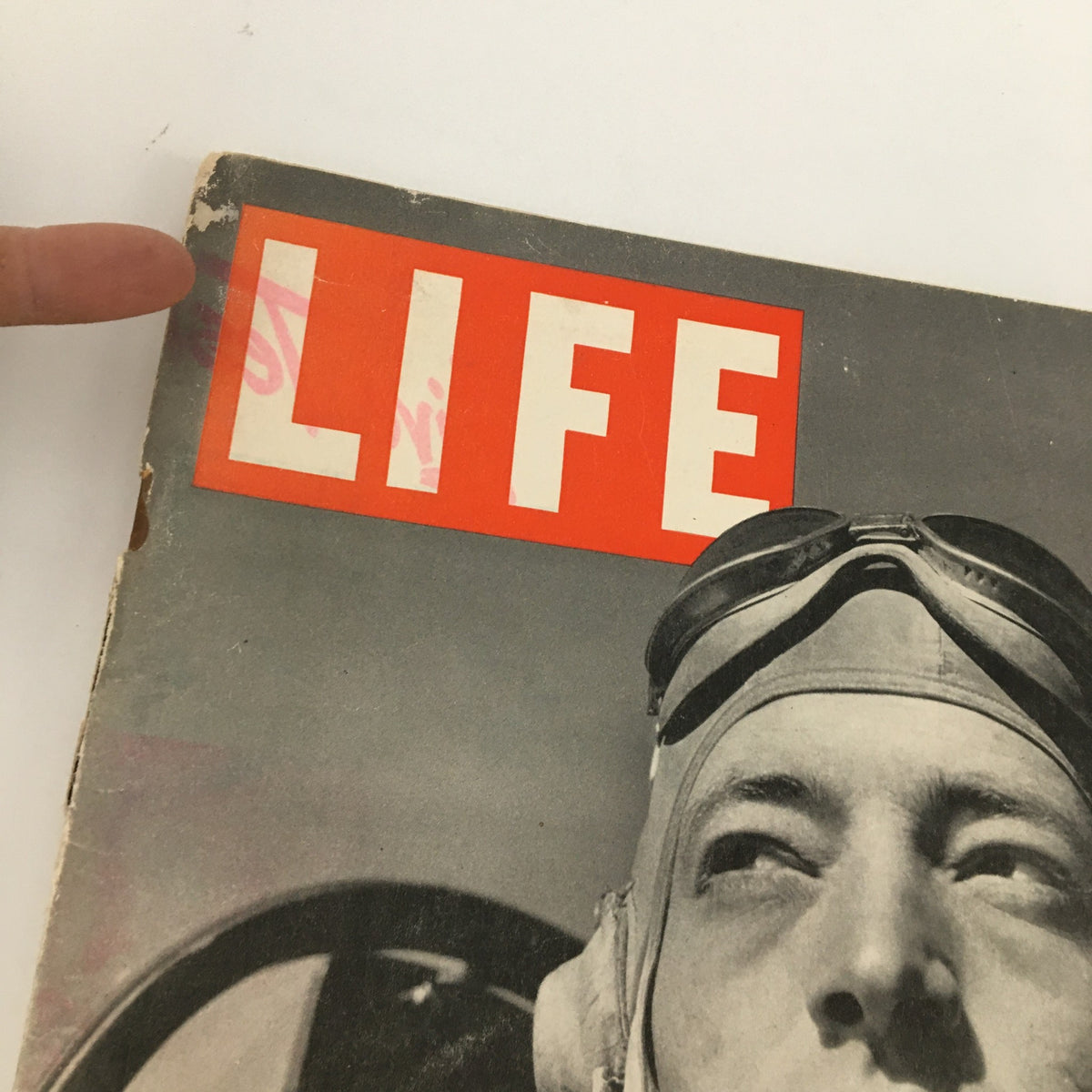 Close-up detail of the VTG Life Magazine December 7 1942 cover highlighting the title 'LIFE' and the portrait of Marine Ace Smith with visible minor wear.