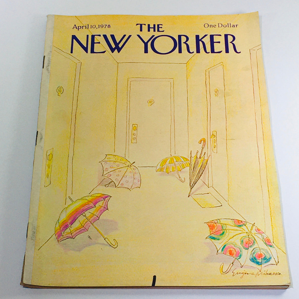 The New Yorker: April 10 1978 full magazine cover featuring a pastel illustration of umbrellas in a hallway by Eugene Mihaesco.