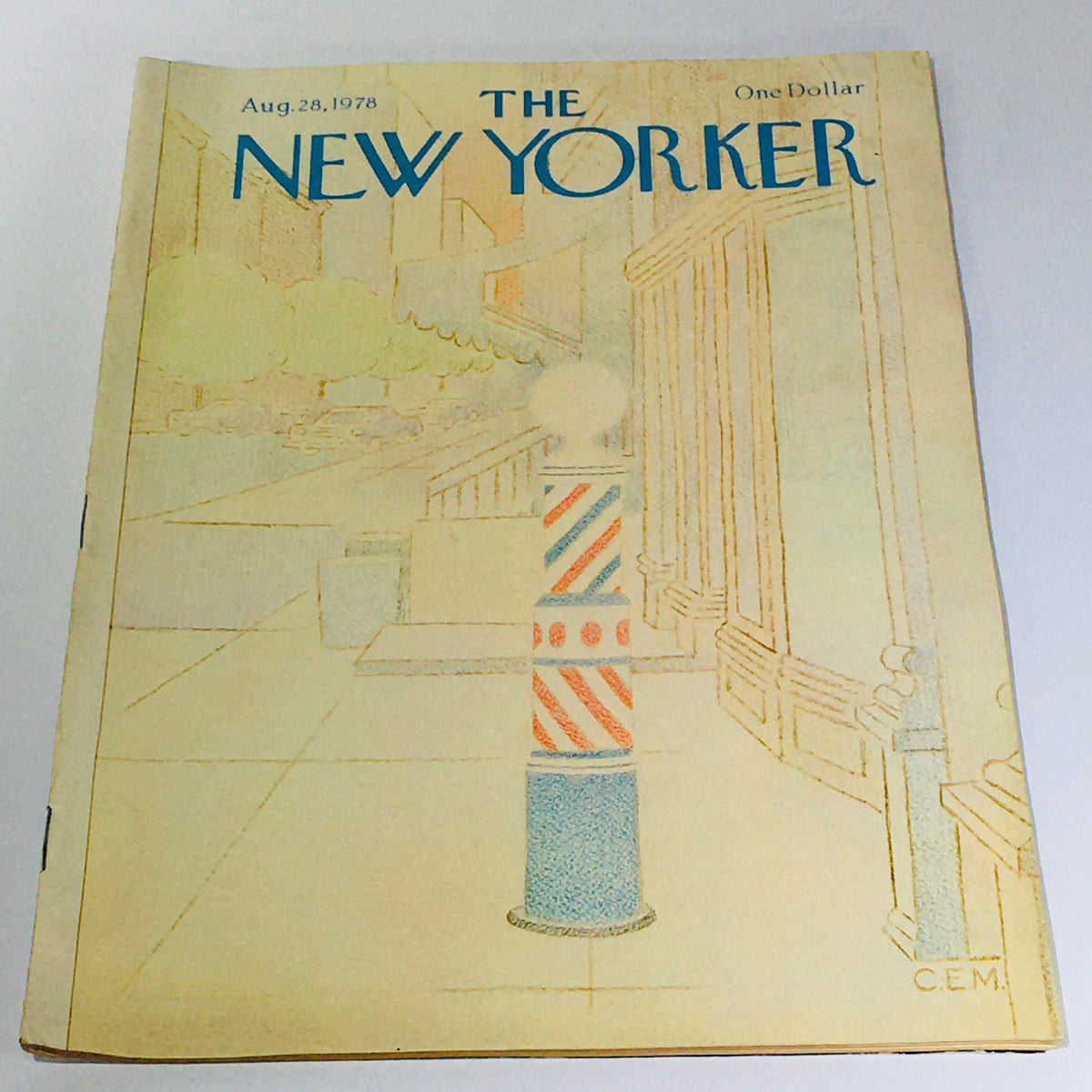 The New Yorker: August 28, 1978 Full Magazine Cover featuring a vintage illustration by Charles E. Martin depicting a street scene with a barber pole.