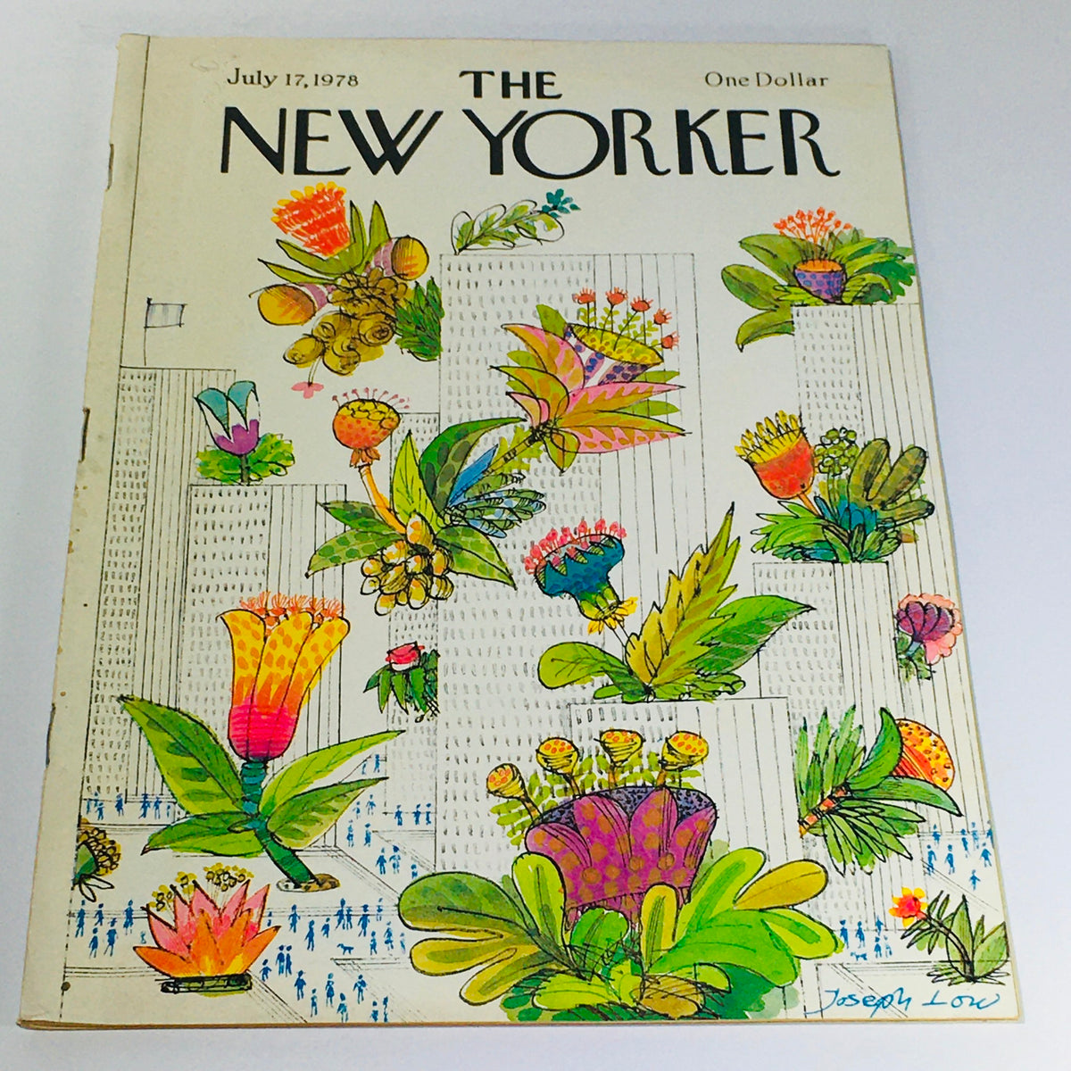 The New Yorker: July 17 1978 Full Magazine with vibrant theme cover illustration by Joseph Low, showcasing colorful flowers and urban elements.