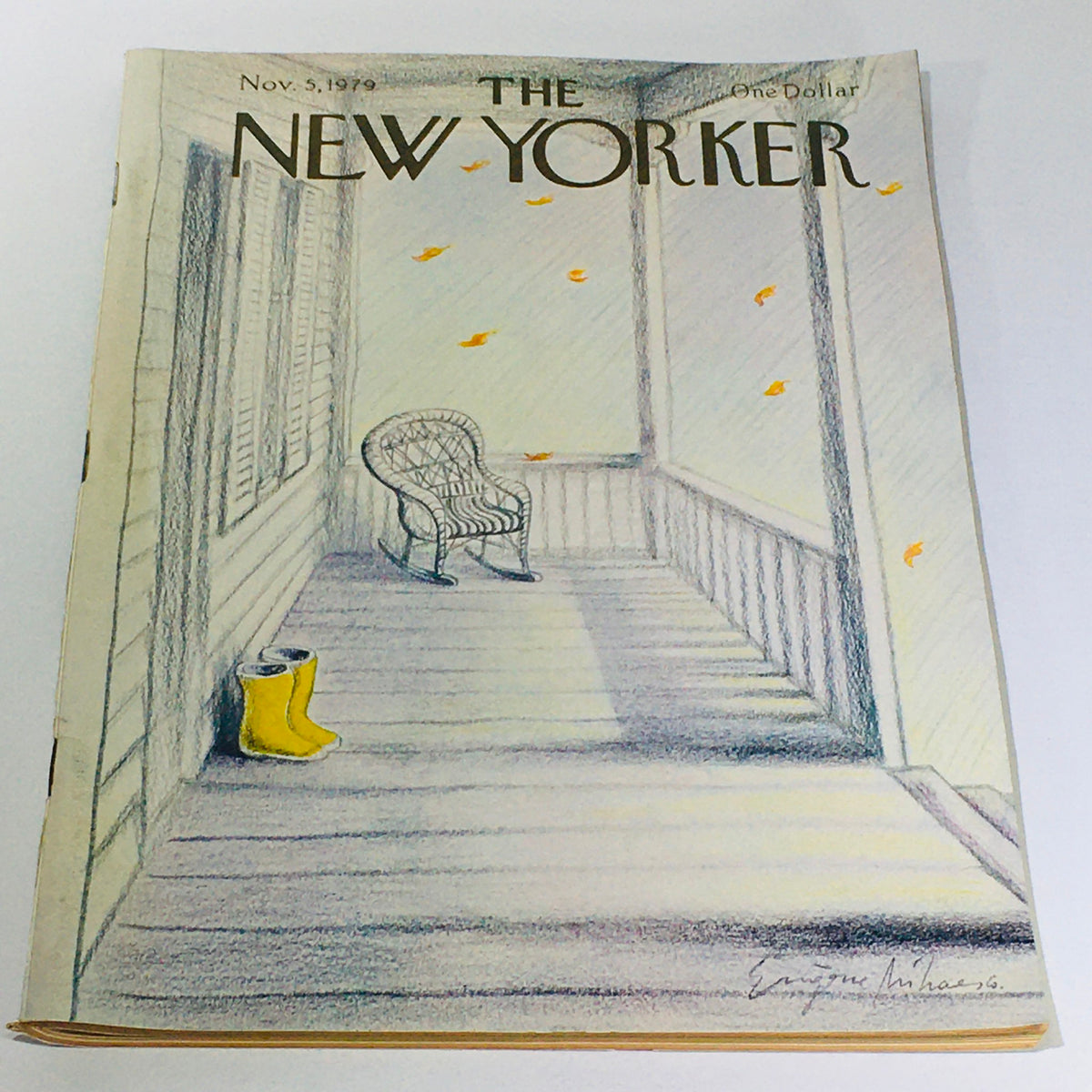 Cover of The New Yorker magazine dated November 5, 1979, featuring artwork by Eugene Mihaesco depicting a porch scene with a yellow boot and a wicker chair, representing the cultural essence of the late 1970s.