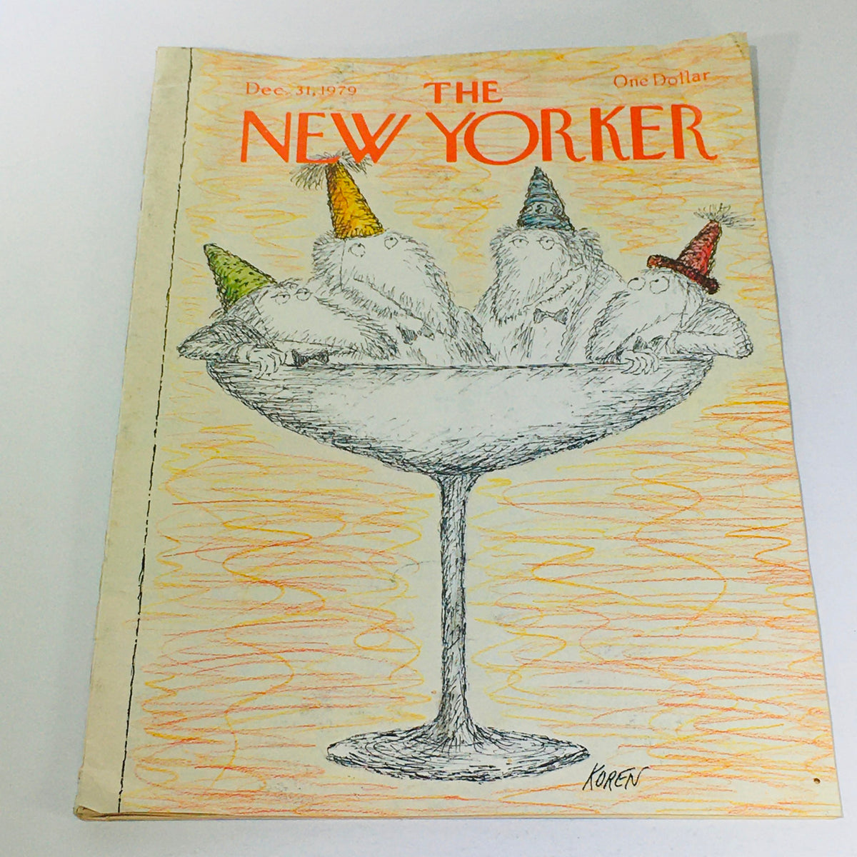 Cover of The New Yorker magazine from December 31, 1979, featuring a whimsical illustration by Ed Koren, depicting cartoonish figures wearing party hats in a large glass. This vintage magazine cover captures the charm and essence of New York life from the late 1970s.
