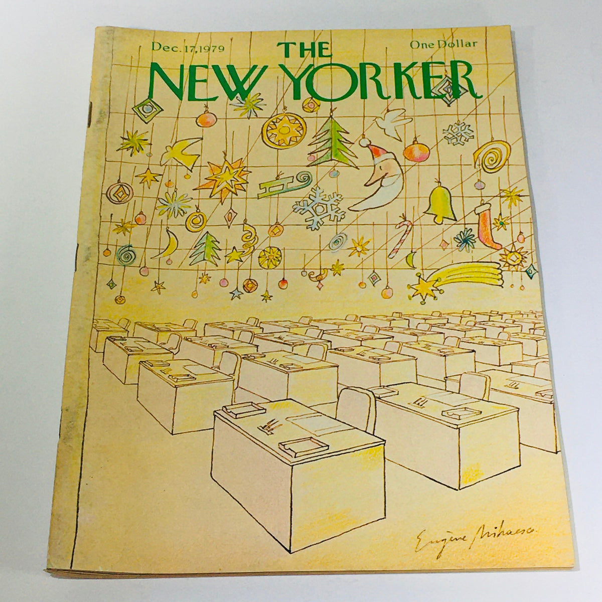 The New Yorker: December 17 1979 Full Magazine Cover featuring a whimsical illustration by Eugene Mihaesco, showcasing a schoolroom decorated with holiday ornaments and a festive atmosphere.