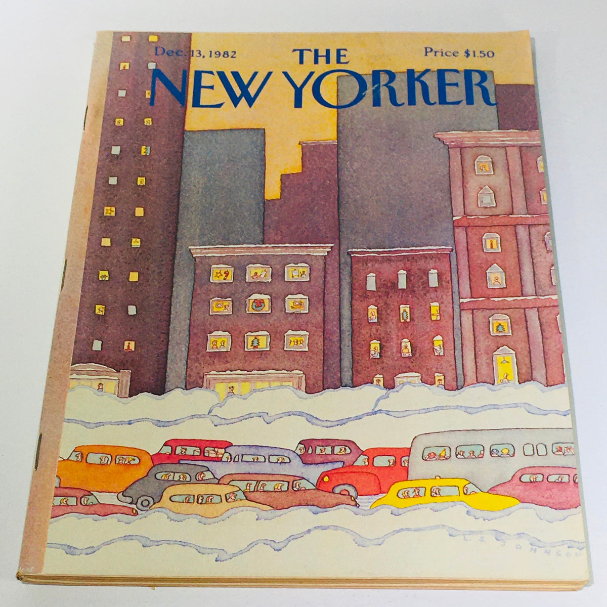 Cover of The New Yorker magazine from December 13, 1982, featuring a winter scene with colorful cars and buildings, illustrated by Lonnie Sue Johnson.