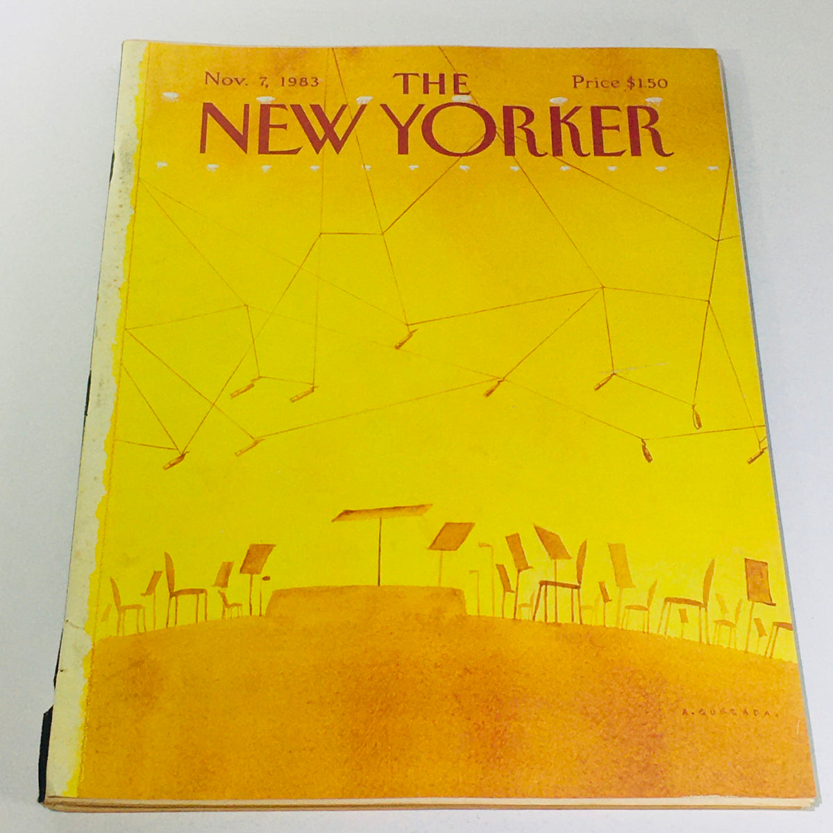 Cover of The New Yorker magazine from November 7, 1983, featuring a vibrant yellow illustration by Abel Quezada showcasing musicians' chairs and stands.