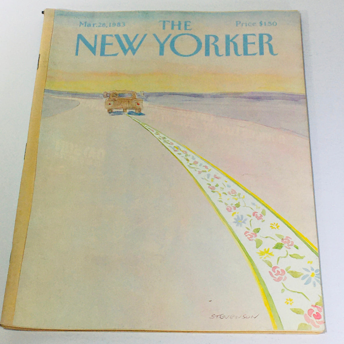 The New Yorker: March 28, 1983 magazine cover featuring a vintage illustration by James Stevenson, depicting a road with a floral pattern leading from a vehicle on a serene background, capturing the essence of early 1980s American culture.