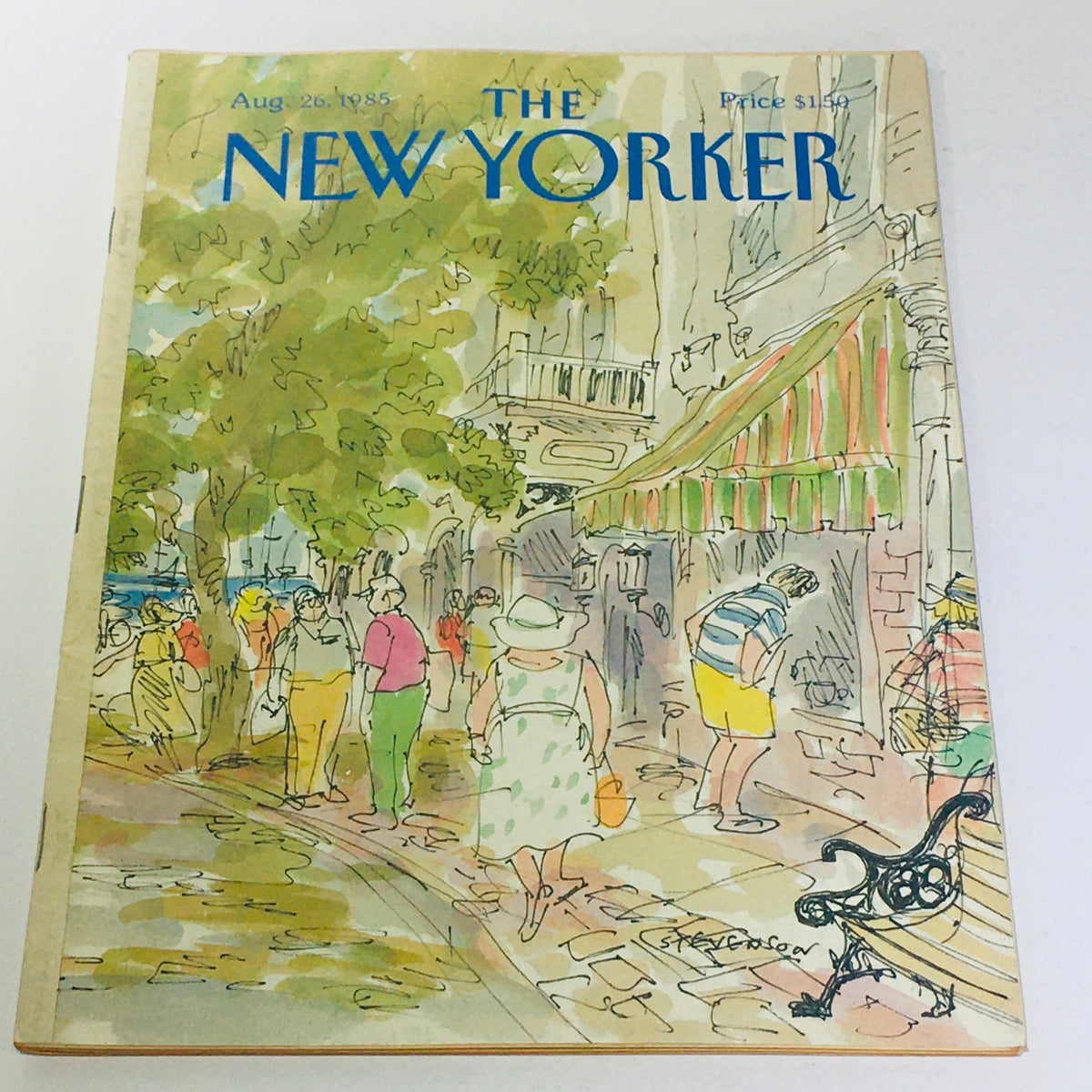 Cover of The New Yorker: August 26, 1985 showcasing an illustration by James Stevenson, depicting a lively street scene with pedestrians and shops, highlighting the artistic essence of the magazine.