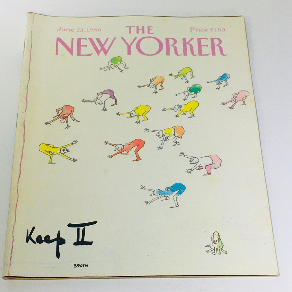 Cover of The New Yorker: June 23, 1986, featuring whimsical illustrations by George Booth depicting colorful characters stretching in various poses, embodying humor and creativity.