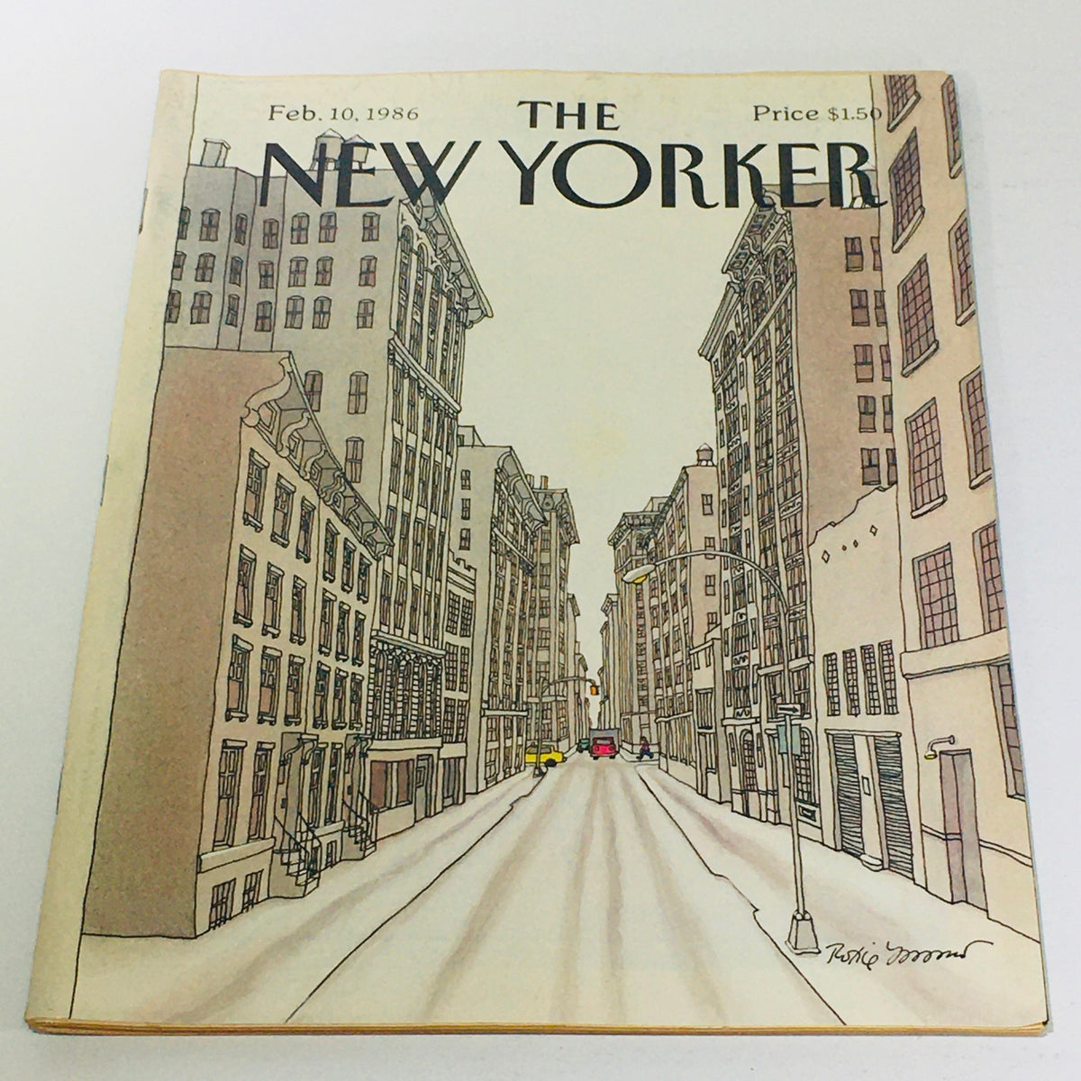Cover of The New Yorker magazine from February 10, 1986, featuring a street scene illustration by Roxie Munro, showcasing classic architecture in a vintage style.