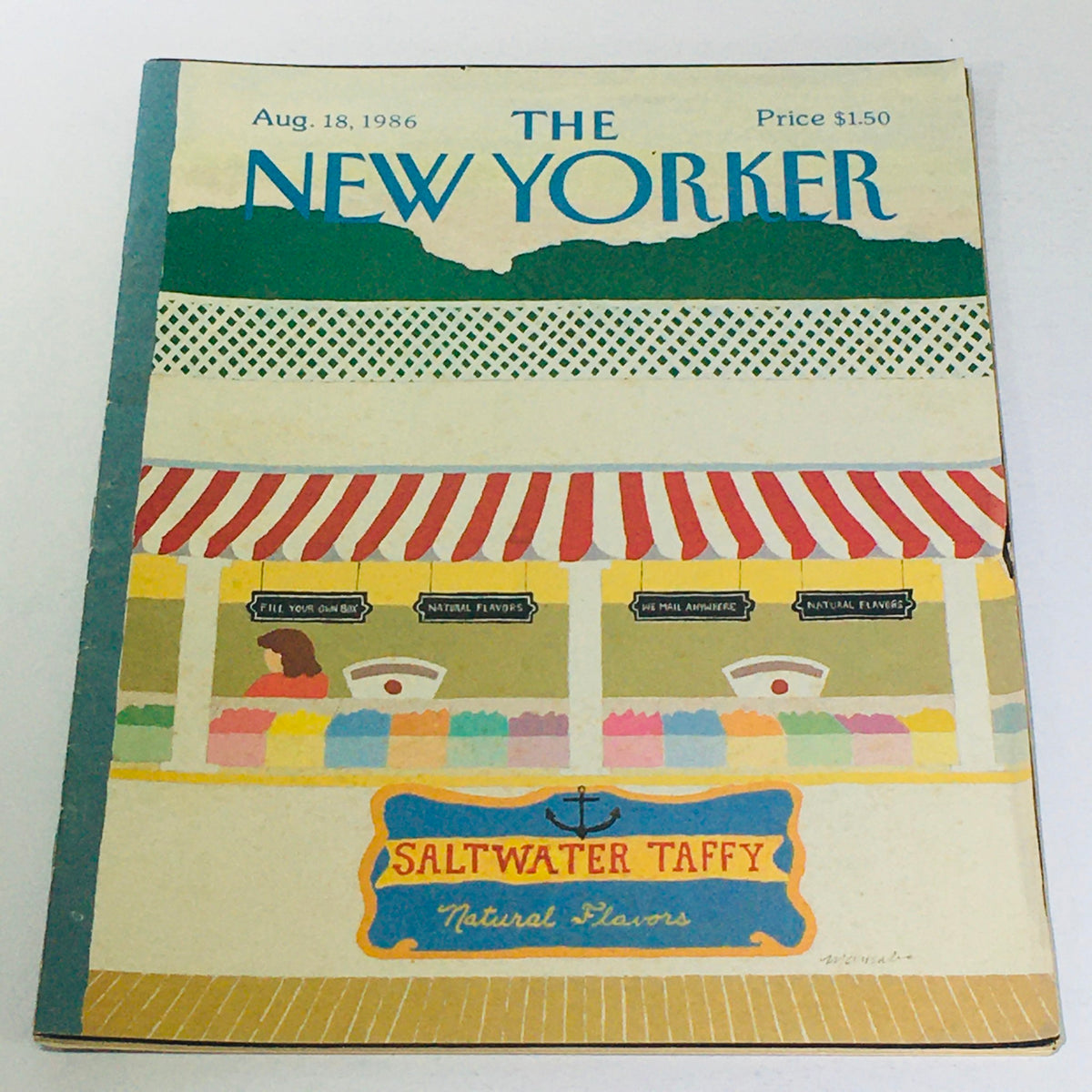 Vintage cover of The New Yorker magazine from August 18, 1986, featuring an illustration of a colorful saltwater taffy shop with a striped awning.