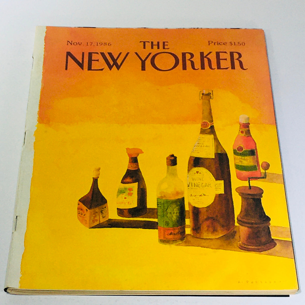 The New Yorker: November 17 1986 magazine cover featuring a vibrant illustration of bottles and jars against a warm background by artist Abel Quezada.