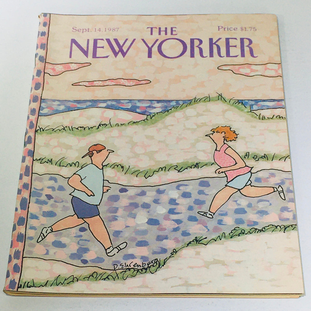 The New Yorker: September 14, 1987 magazine cover featuring a colorful illustration of two joggers in a scenic outdoor landscape, showcasing the artistic style of Devera Ehrenberg.