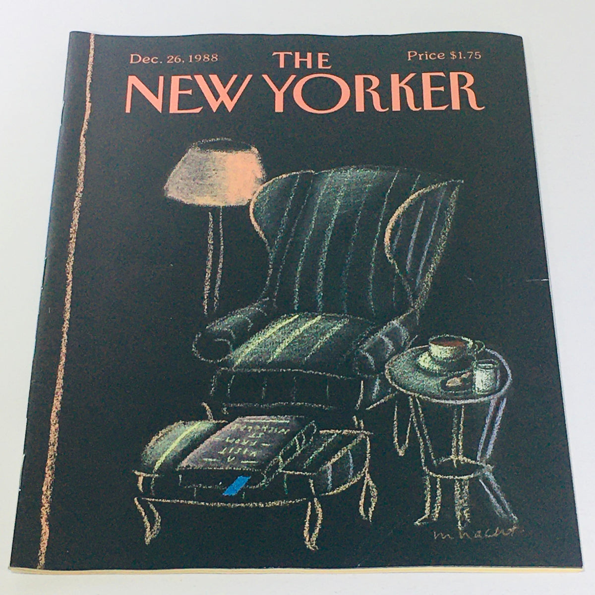 Cover of The New Yorker magazine, dated December 26, 1988, featuring a cozy armchair, a side table with a cup and a book, illustrated in a pastel style by Merle Nacht.