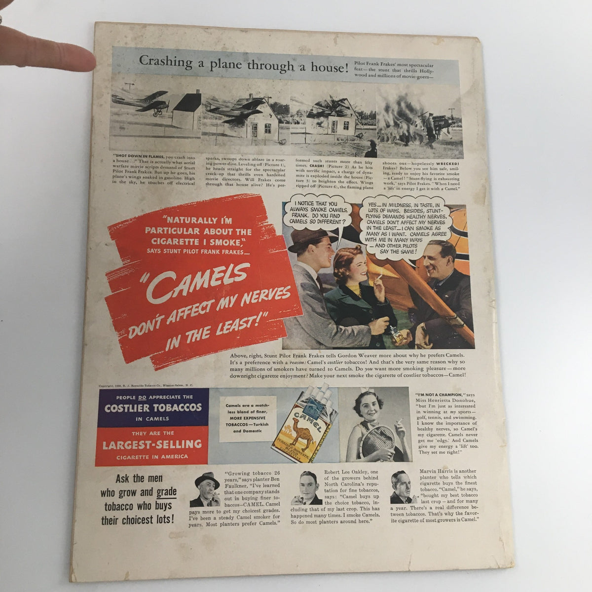 Vintage advertisement from VTG Life Magazine September 26 1938 featuring Pilot Frank Frakes discussing cigarette preferences, showcasing a dramatic image of a plane crashing through a house.