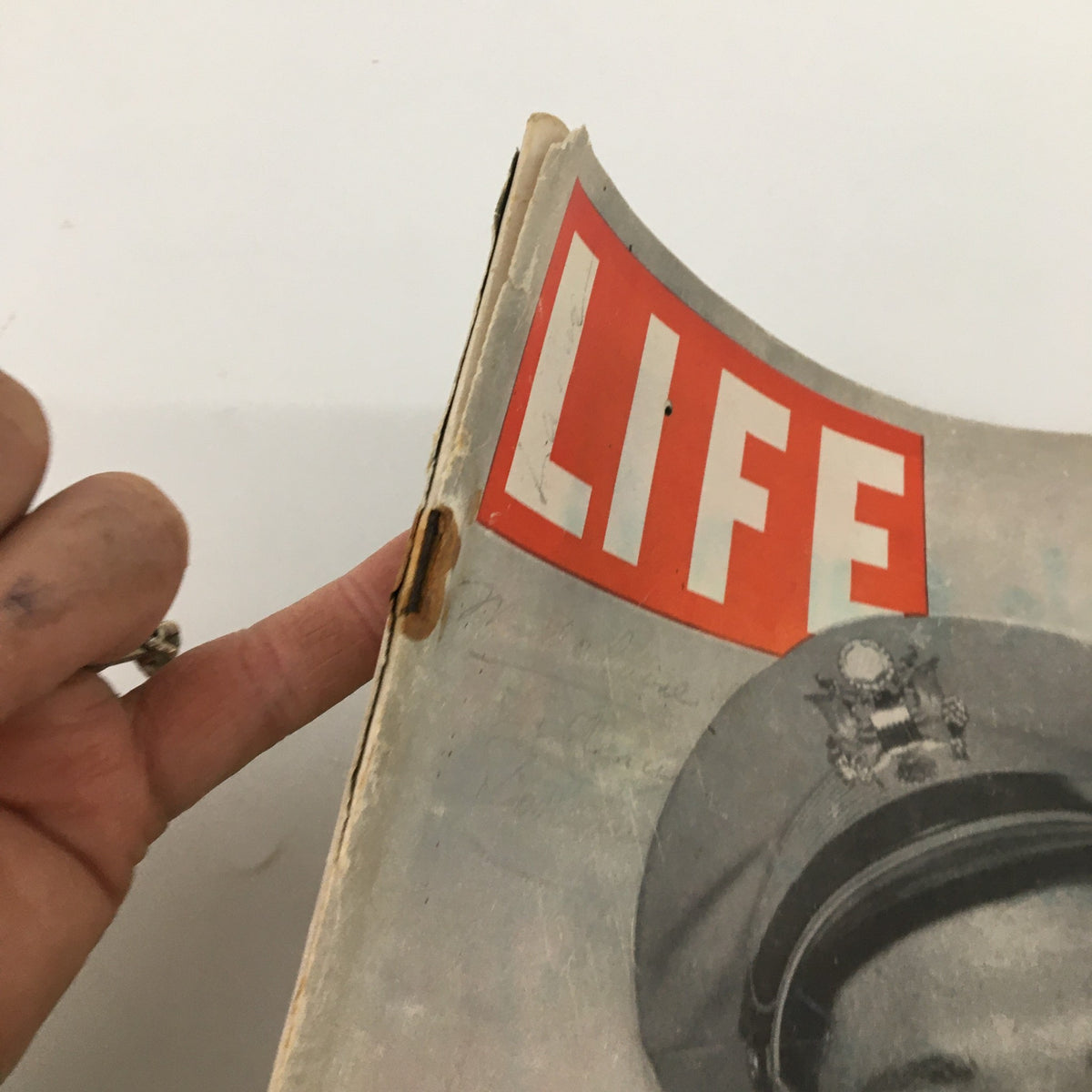 Side view of VTG Life Magazine July 16 1945 highlighting the title and edge wear, demonstrating its vintage condition.