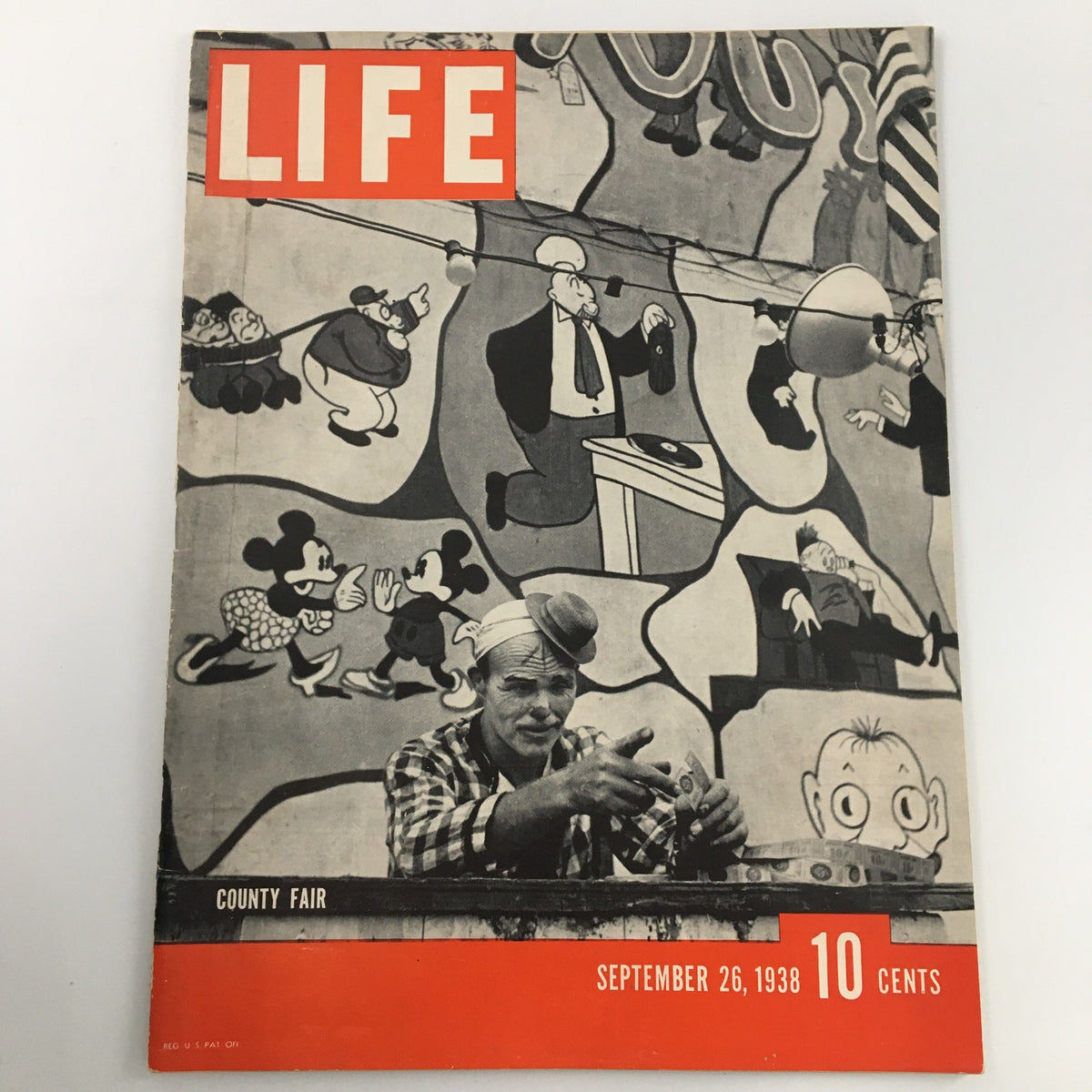 VTG Life Magazine September 26 1938, featuring a vibrant county fair cover with cartoon characters including Mickey Mouse and a man at a carnival stall, showcasing vintage Americana.