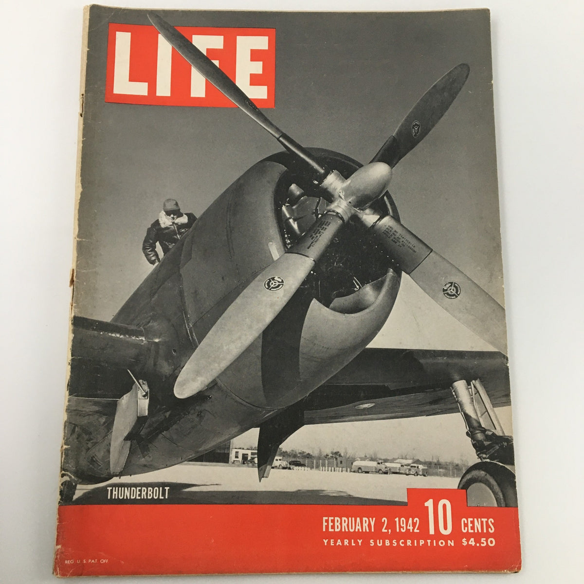 Cover of VTG Life Magazine February 2 1942 featuring the Thunderbolt War Plane, showcasing a pilot by the aircraft and highlighting the historical significance of World War II aviation.