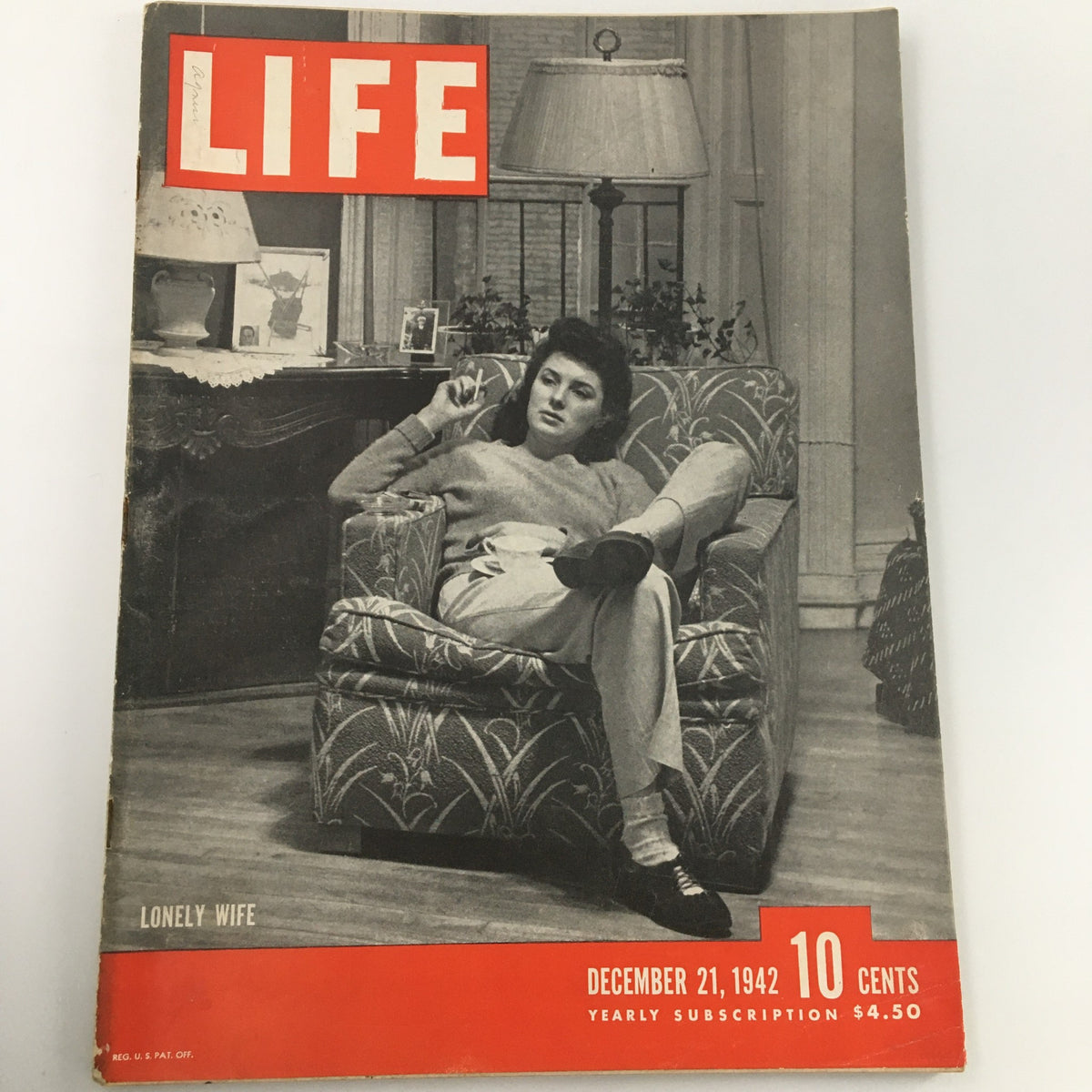 VTG Life Magazine December 21 1942 featuring the cover story 'Lonely Wife', showing a woman seated in a cozy living room.
