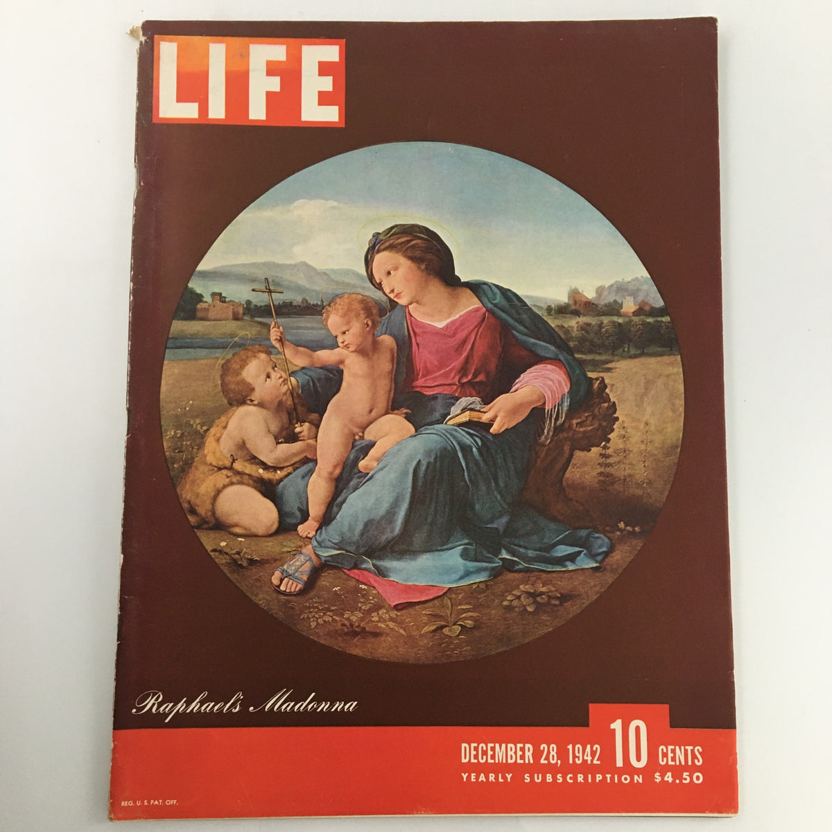 VTG Life Magazine December 28 1942 featuring the cover art of Alba Madonna by Raphael, showcasing a serene depiction of Mary with two children.