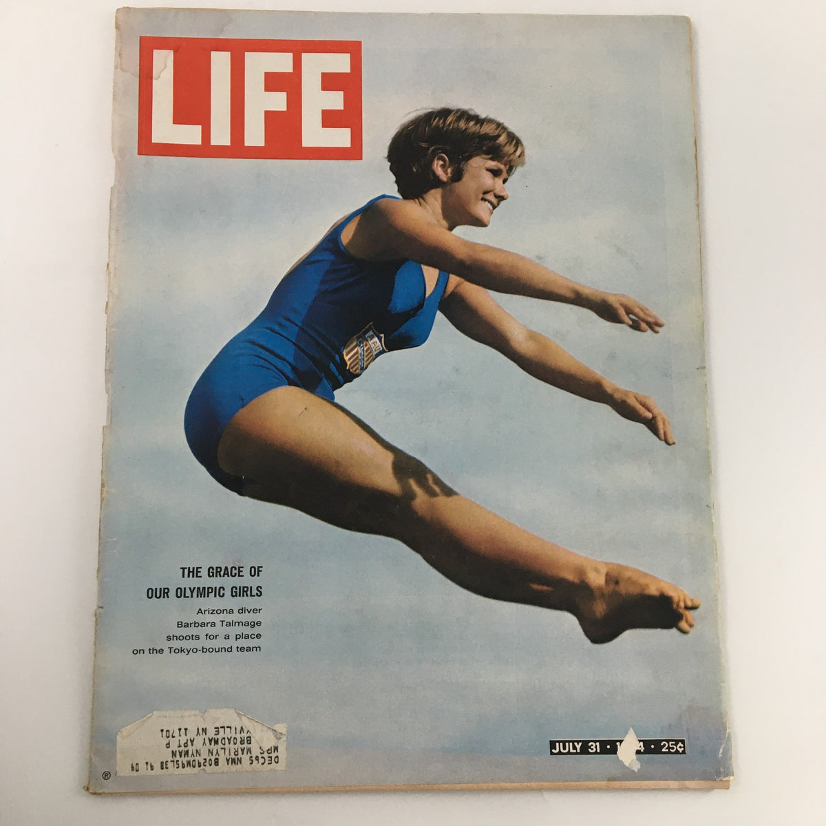 Vintage Life Magazine cover featuring Olympian diver Barbara Talmage, dated July 31, 1964. The cover highlights her diving pose with the text 'The Grace of Our Olympic Girls.'