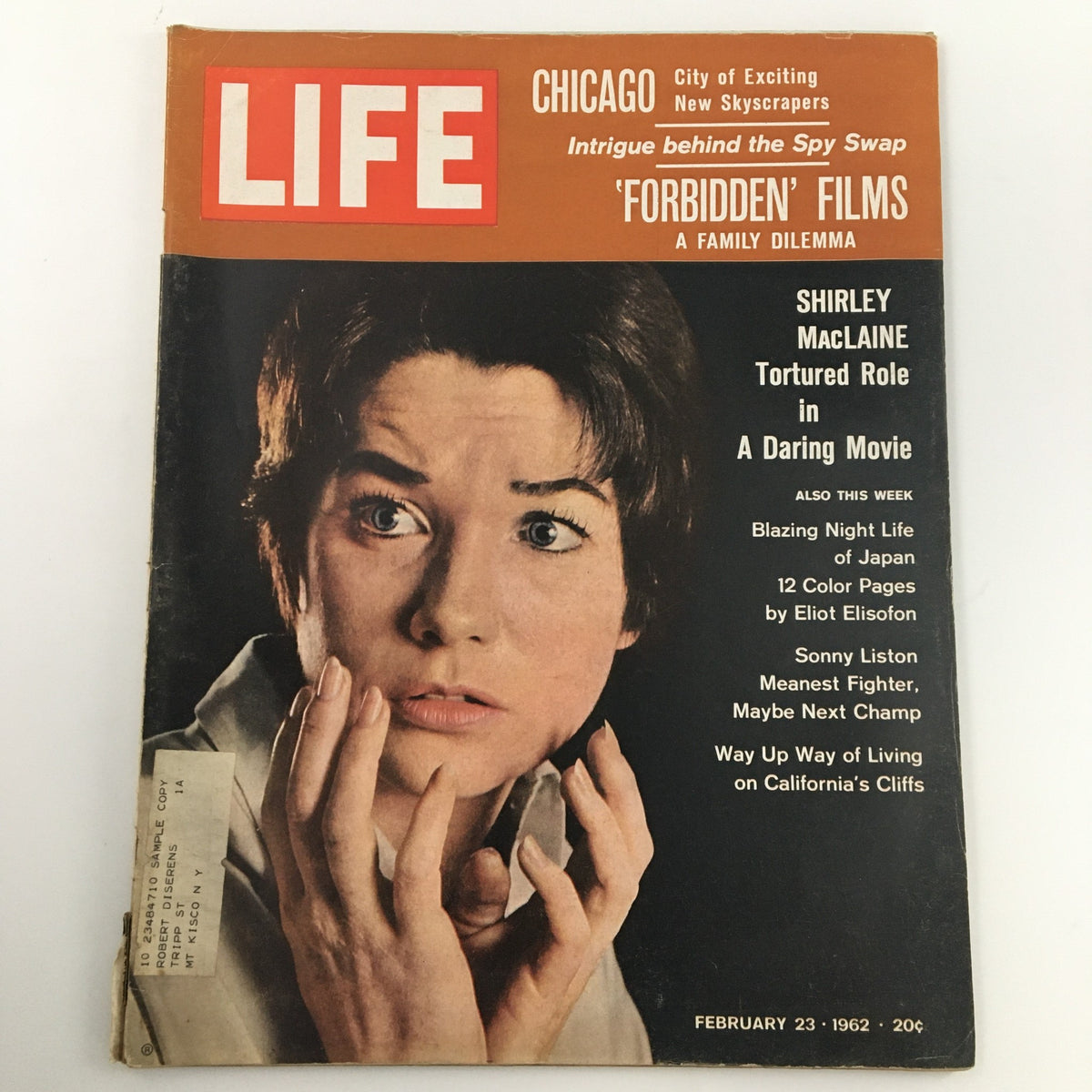 Cover of VTG Life Magazine February 23 1962 featuring Shirley MacLaine, showcasing her expressive face and hands, with headlines about her daring movie role and additional articles.