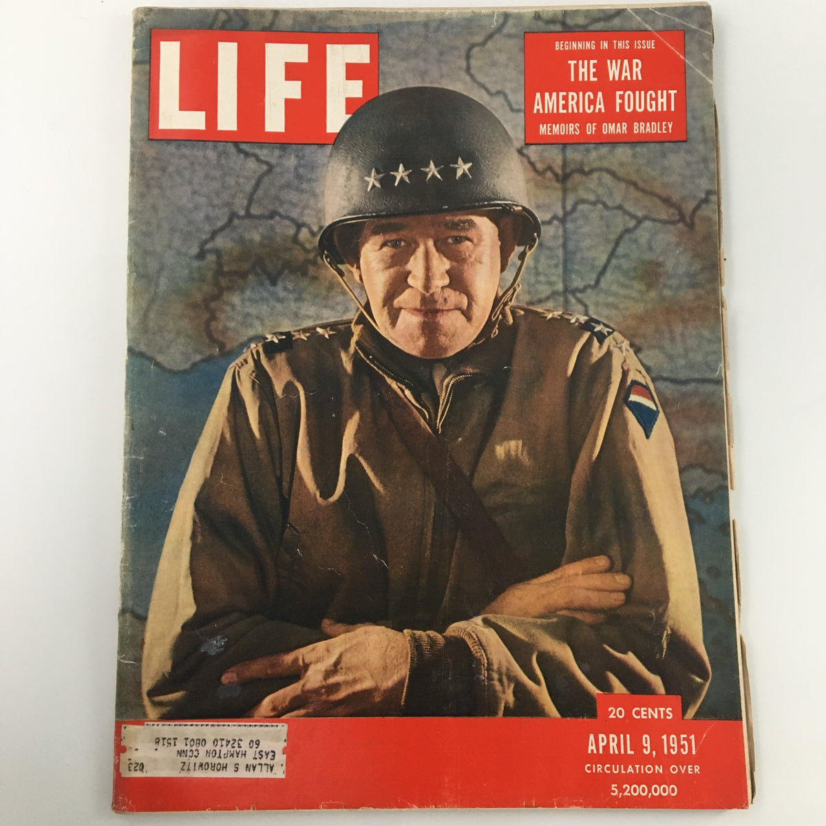 Cover of VTG Life Magazine from April 9, 1951, featuring 'The War America Fought' and memoirs of General Omar Bradley, showcasing a soldier in a military helmet with a map background.