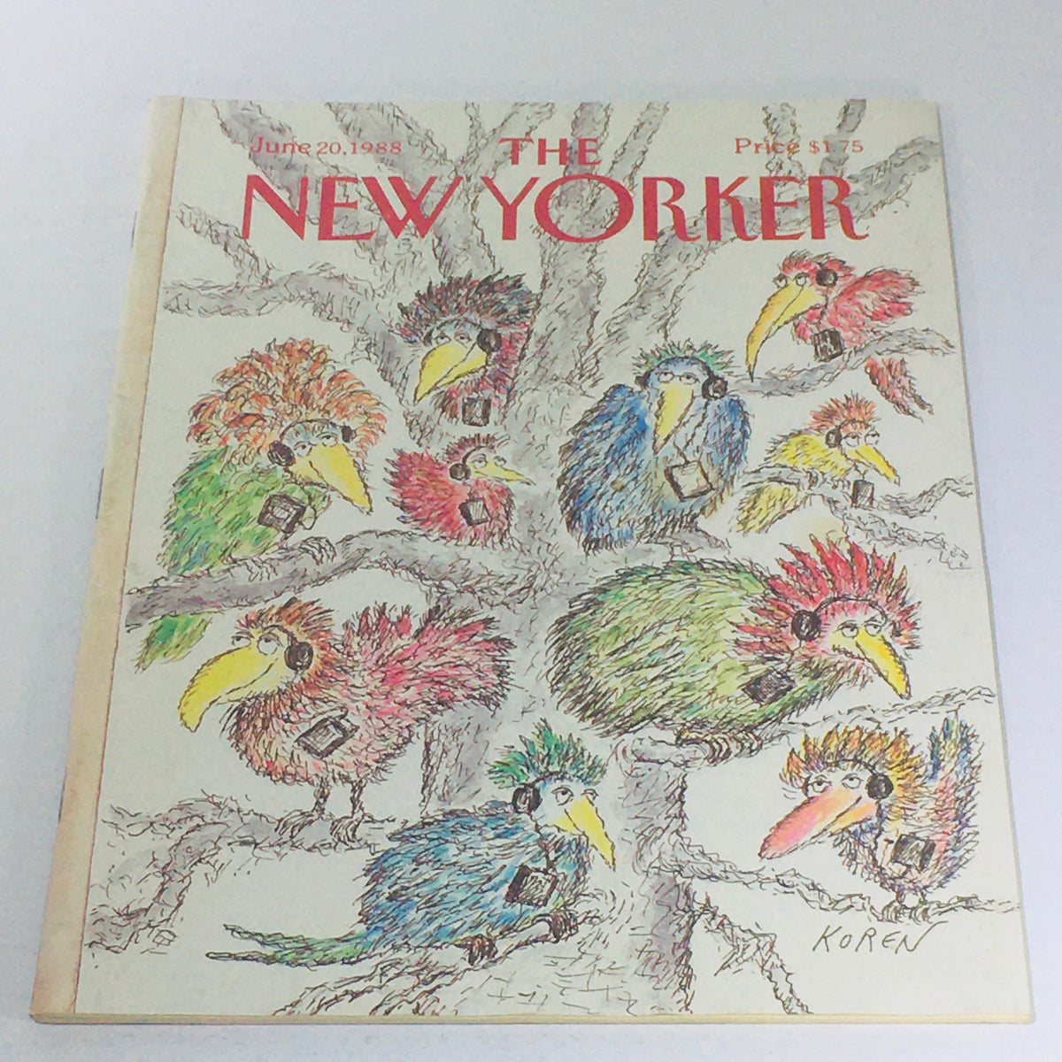 Cover of The New Yorker: June 20 1988 featuring colorful birds illustrated by Ed Koren, showcasing a unique artistic design.