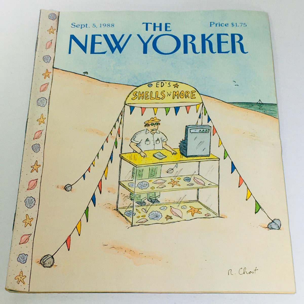 The New Yorker: September 5, 1988 cover featuring a whimsical illustration by Roz Chast of a beach vendor selling shells, surrounded by colorful bunting and a seaside backdrop.